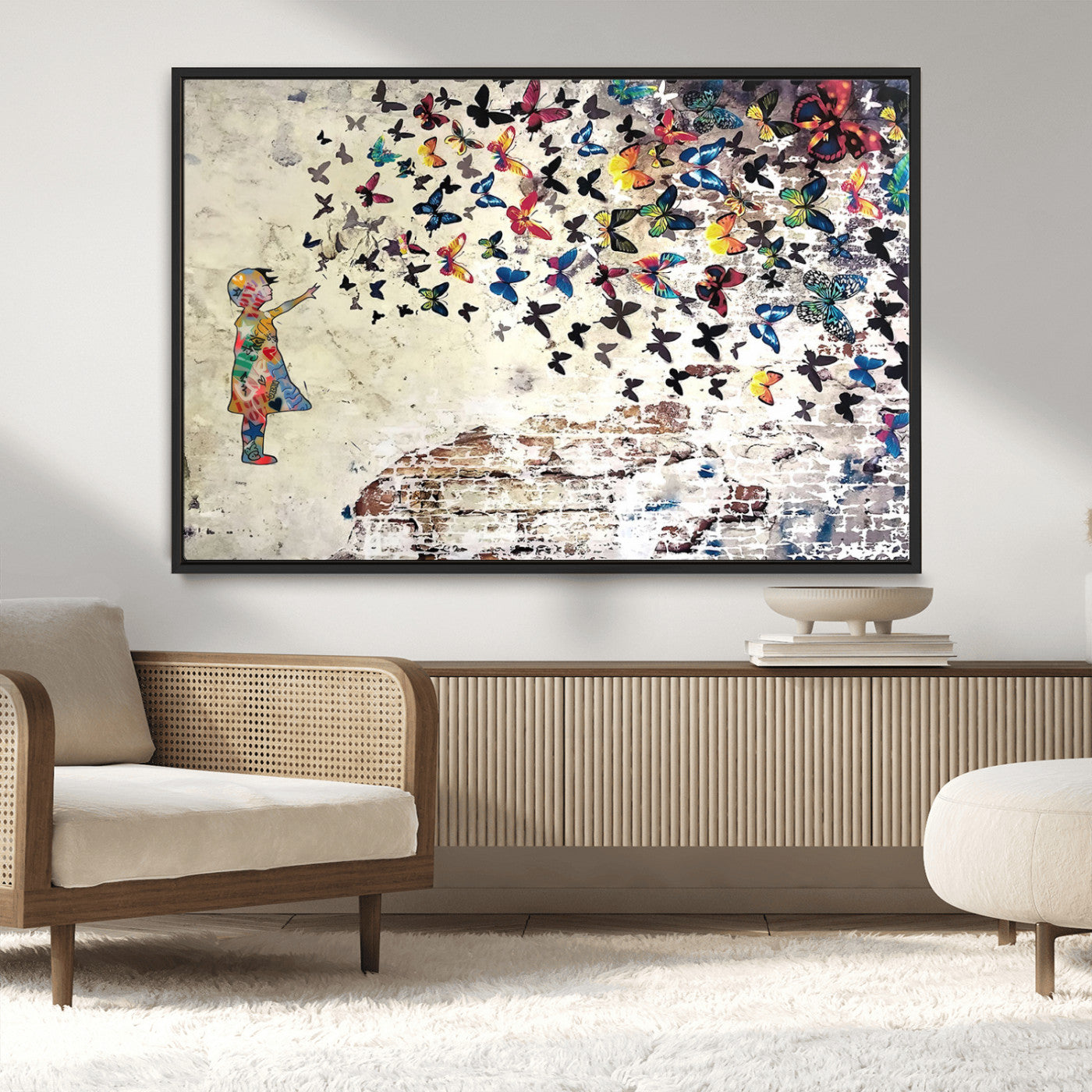 MGV-FC-36X24 - Banksy Wall Art - Banksy Girl Butterfly Graffiti Wall Art Canvas Print - Butterfly Girl and Freedom Flight - Vibrant Street Art Print