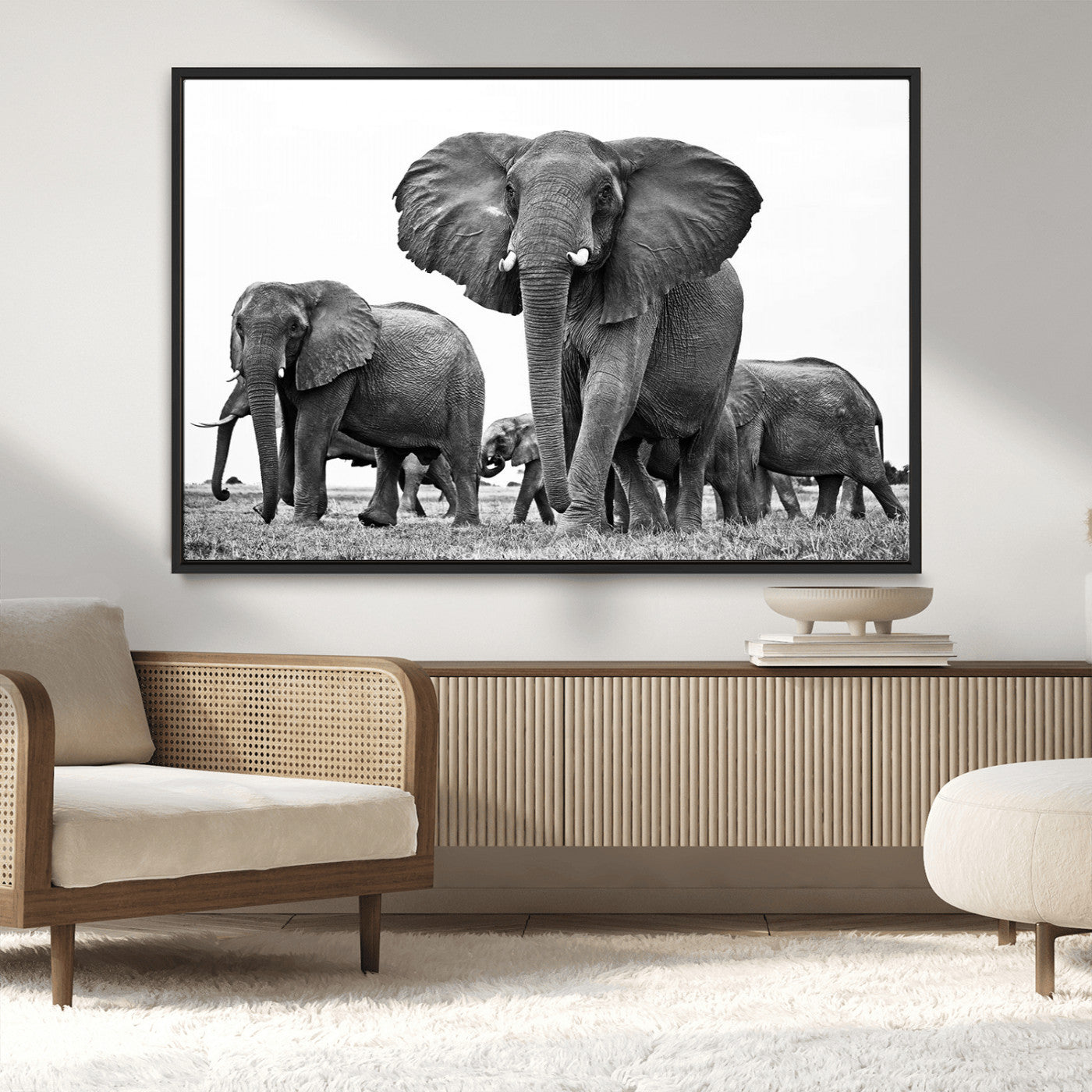 MGV-FC-36X24 - Black White Elephant Family Wall Art Canvas Print