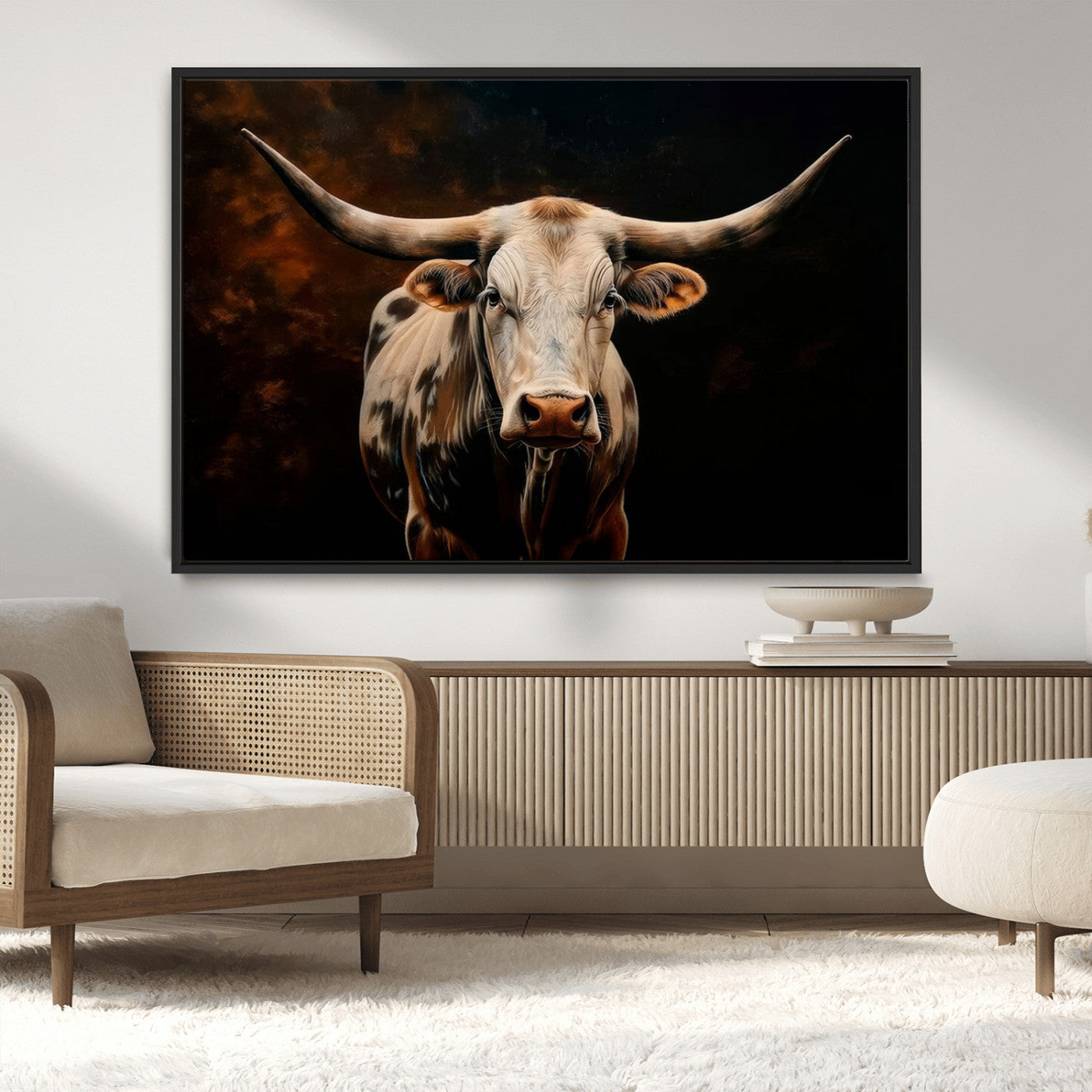 MGV-FC-36X24 - Texas Longhorn Wall Art | 3-Panel Large Texas Longhorn Canvas Print for Living Room, Office, or Farmhouse Decor | Framed Giclee Longhorn Wall Art