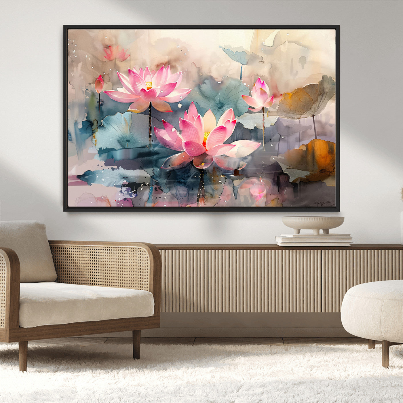 MGV-FC-36X24 - Lotus Flower Wall Art | 3-Panel Giclee Canvas Print of Pink Lotus Blossoms for Living Room, Bedroom, Office | Framed Lotus Floral Wall Art Decor Print