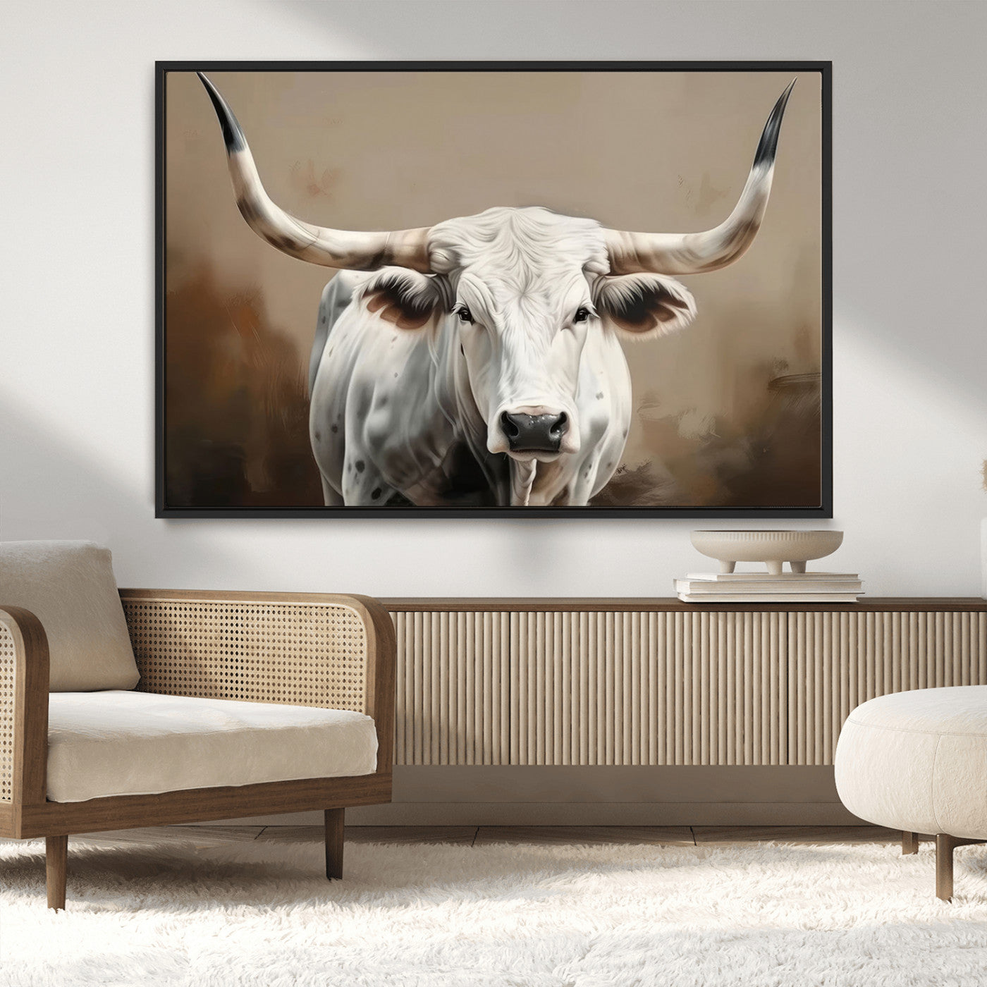 -White Longhorn Bull Wall Art Canvas Print – Framed and Ready to Hang – Perfect for Farmhouse and