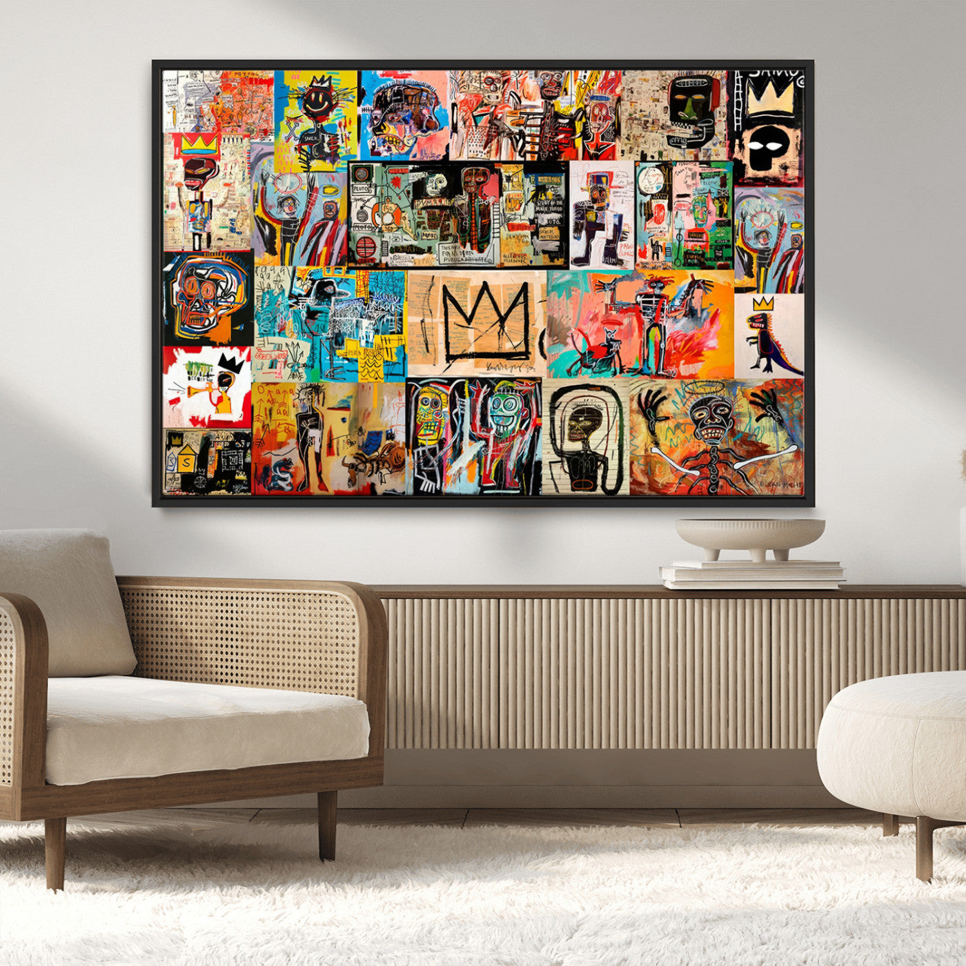 MGV-FC-36X24 - Basquiat Art Collage Wall Art Canvas Print – Framed, Ready to Hang, Urban Graffiti Style