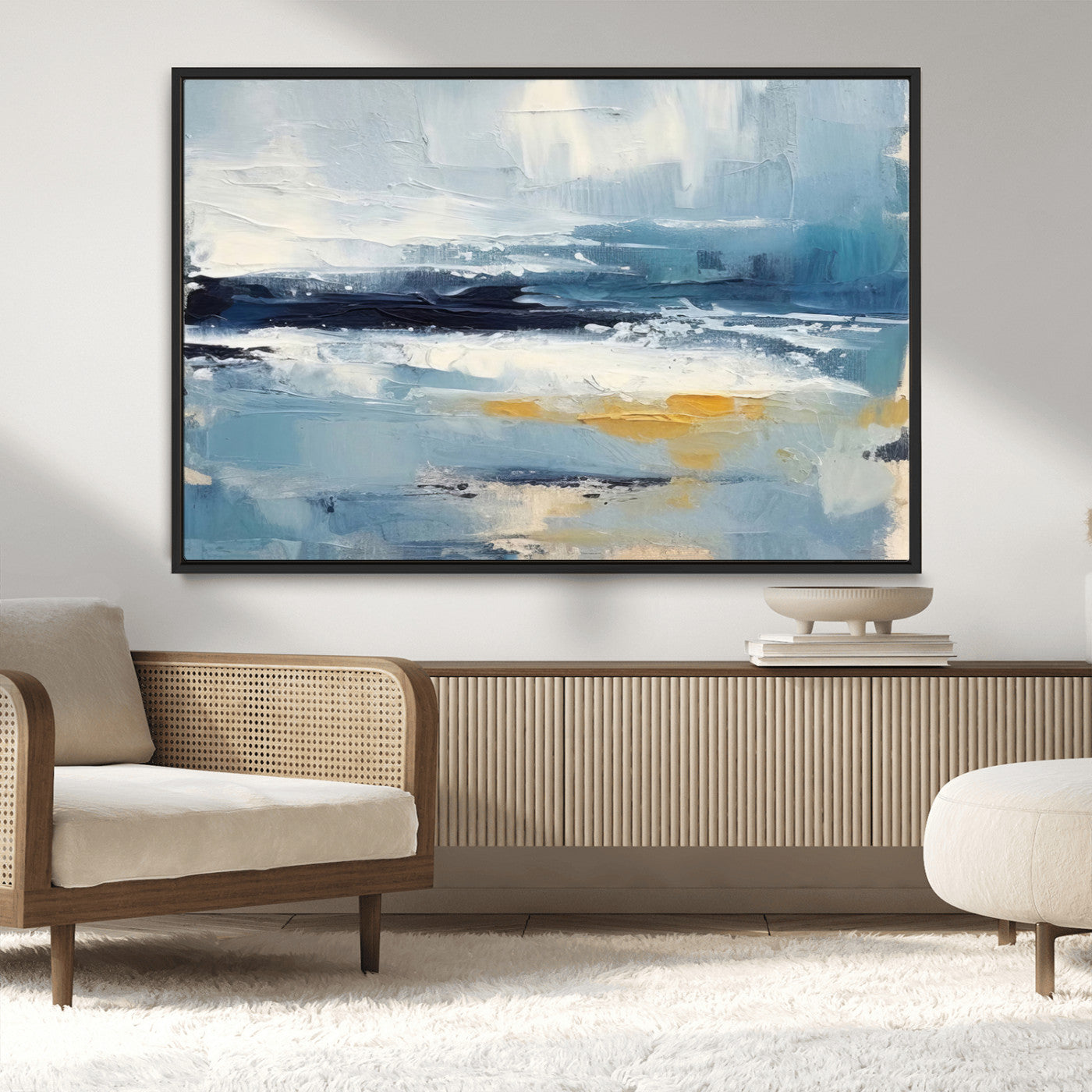 MGV-FC-36X24 - Abstract Ocean Canvas Wall Art - Coastal Blue and Gold Textured Painting, Modern Seascape Decor for Living Room Decor