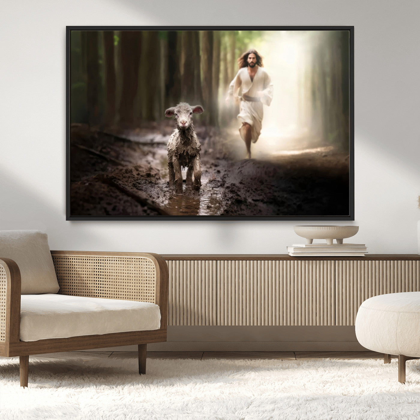 MGV-FC-36X24 - Jesus Canvas Wall Art - Jesus Running After Lost Lamb, Jesus, Christian Home Decor - Church Wall Art