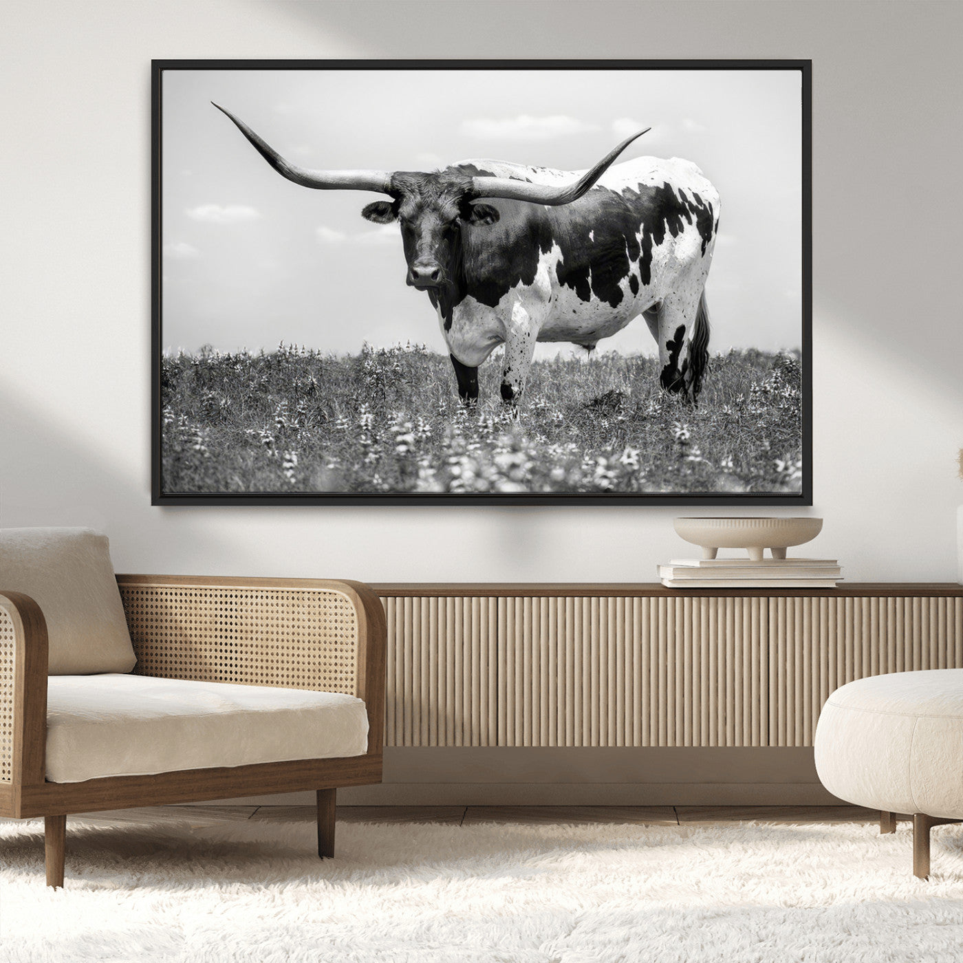 -Texas Black White Highland Longhorn Cow Wall Art Canvas Print