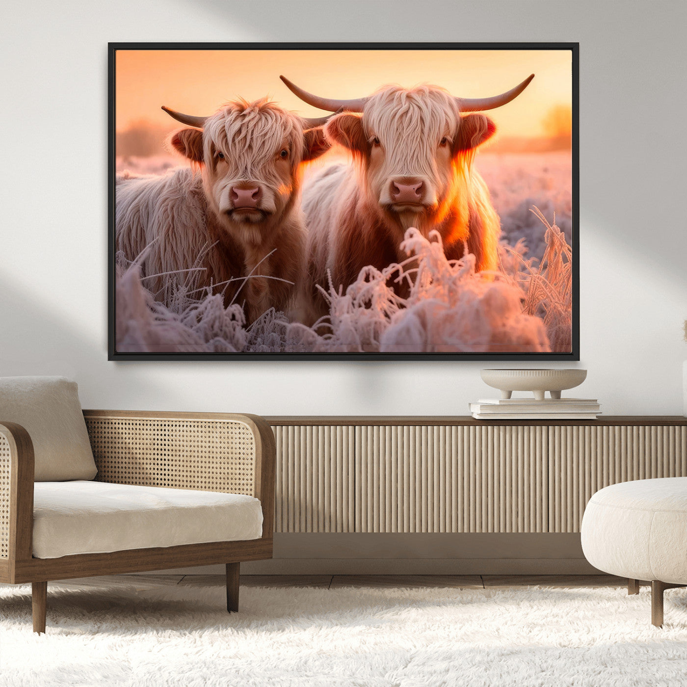 -Highland Cows at Sunrise Wall Art Canvas Set – Serene and Rustic Farmhouse Decor