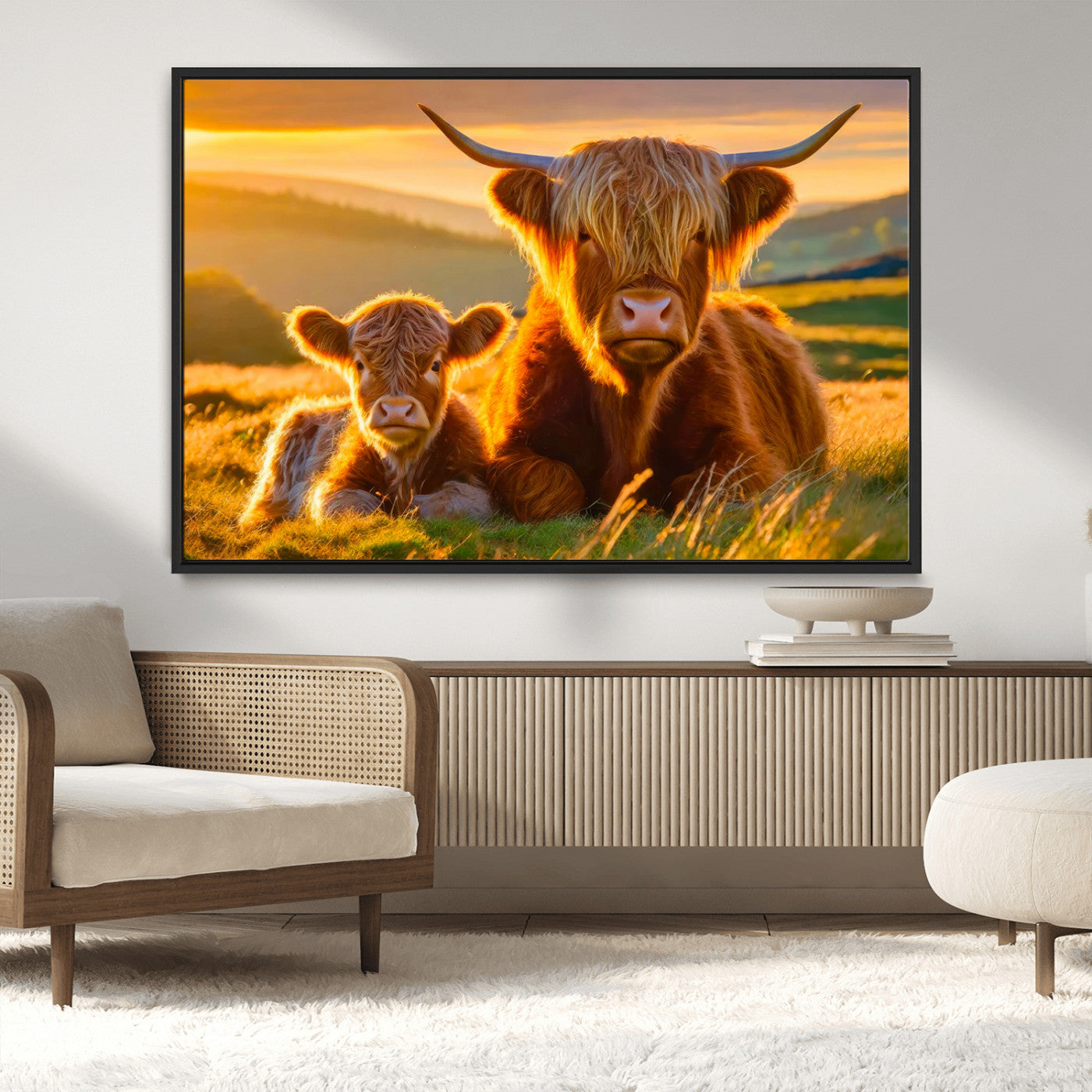 -Scottish Cow and Baby Cow Canvas Wall Art Animal Print Fluffy Cattle Framed Farmhouse Decor