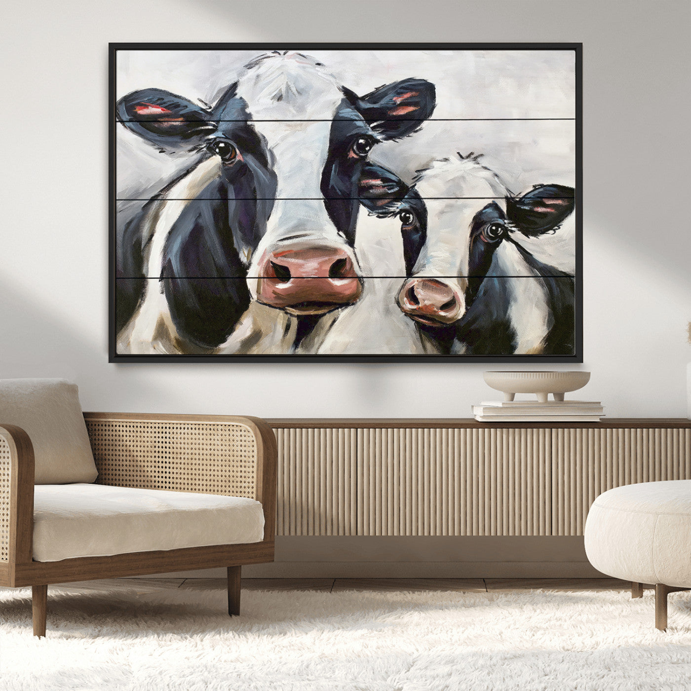 -Vintage Baby and Mom Cattle Wall Art Canvas Print