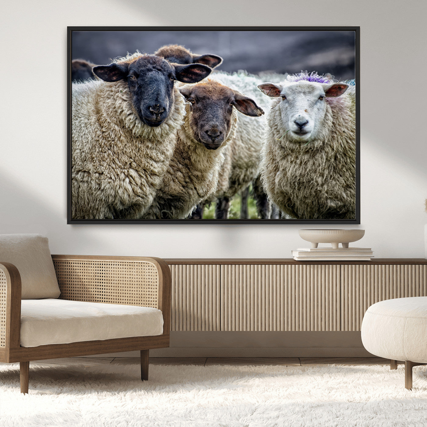 -Charming Sheep Portrait Wall Art – Trio of Woolly Companions Canvas Print, Framed, Ready to Hang