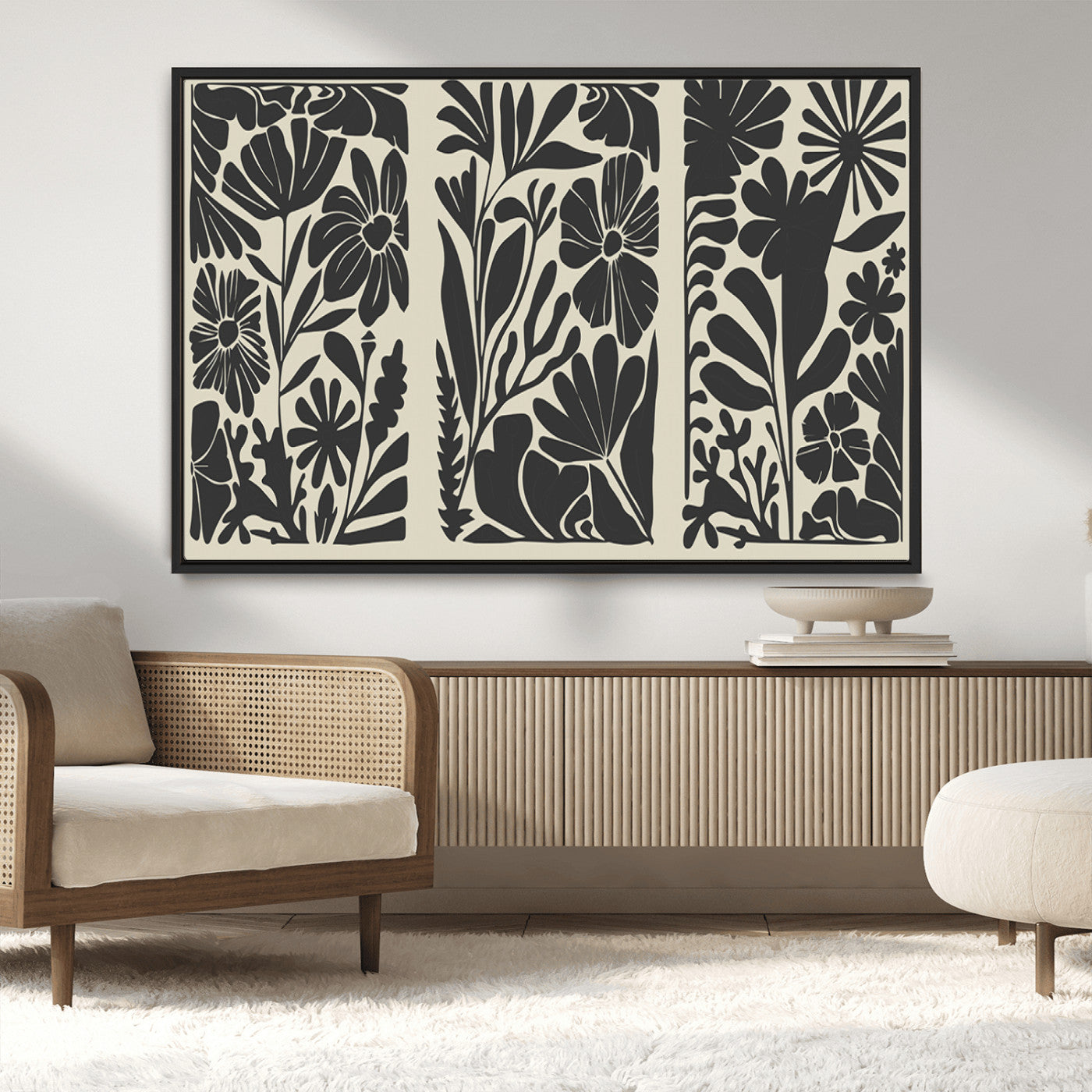 MGV-FC-36X24 - Modern Botanical Wall Art - Floral Black and White Canvas Print, Framed, Ready to Hang