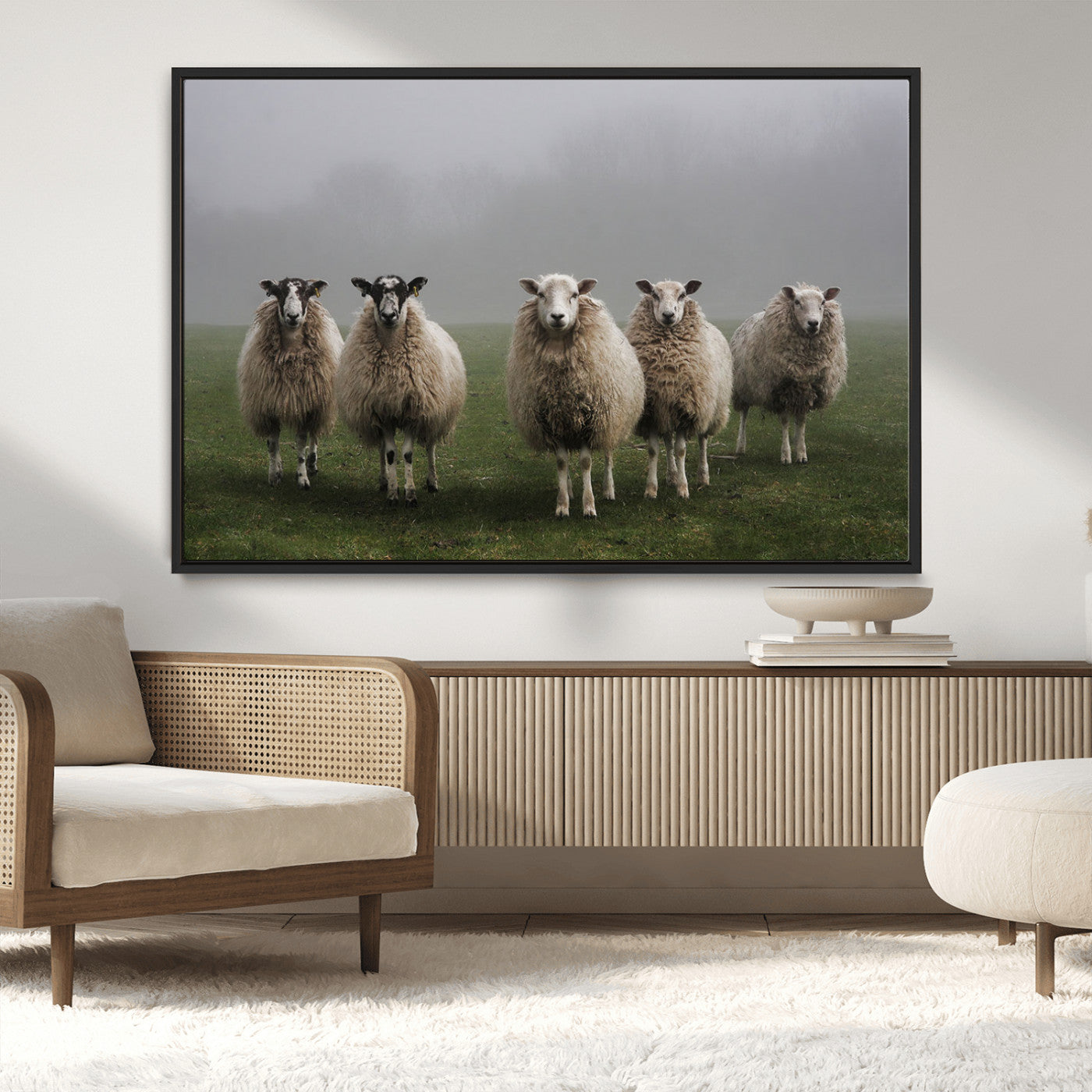 -Flock of Sheep in a Mystical Fog – Pastoral Wall Art Canvas Print, Framed, Ready to Hang
