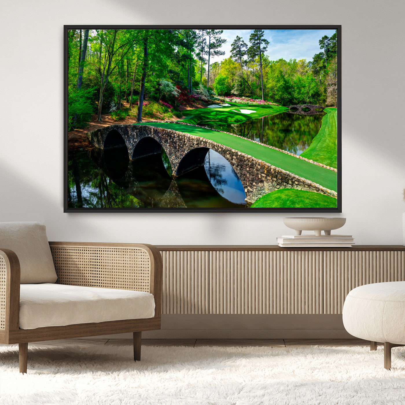 MGV-FC-36X24 - Augusta National Golf Club Wall Art - Panoramic Bridge & Lush Greenery – Premium Framed, Ready-to-Hang Triptych Canvas