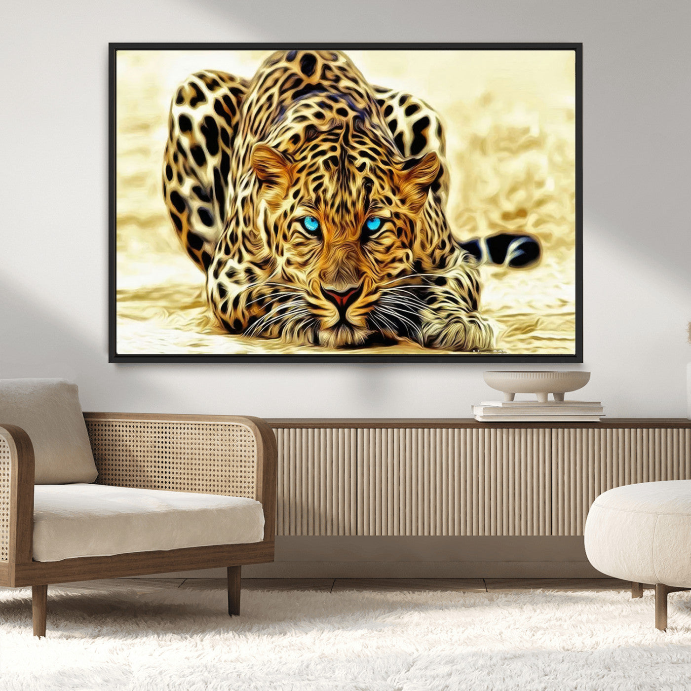-Blue-Eyed Leopard Canvas Wall Art - Framed Animal Print Ready to Hang - Fierce and Bold Decor for