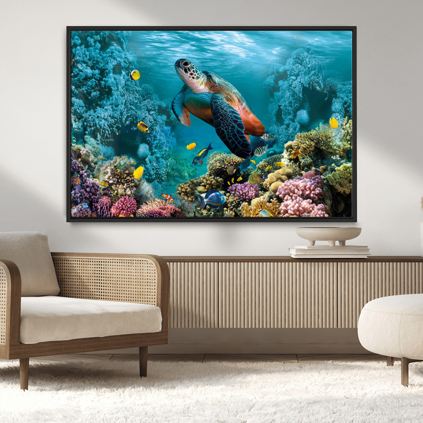 MGV-FC-36X24 - Sea Turtle and Coral Reef Triptych Wall Art – Vibrant Underwater Scene Canvas Set for Ocean Lovers and Coastal Decor – Ready to Hang 3-Panel Artwork