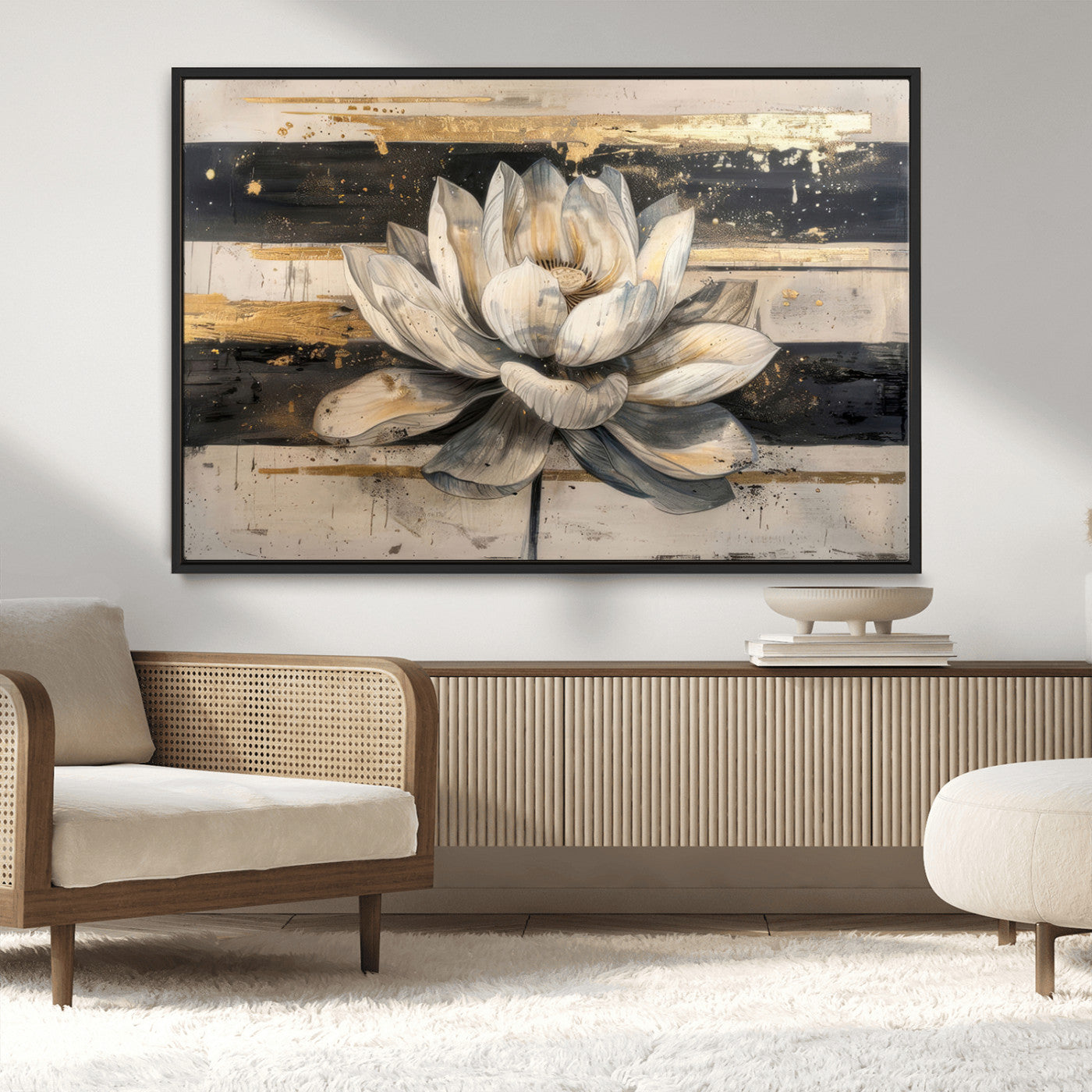 MGV-FC-36X24 - Lotus Flower Wall Art Canvas Print, Framed Abstract Lotus Art Picture Print, White Lotus Flower Perfect Abstract Floral Decor Artwork