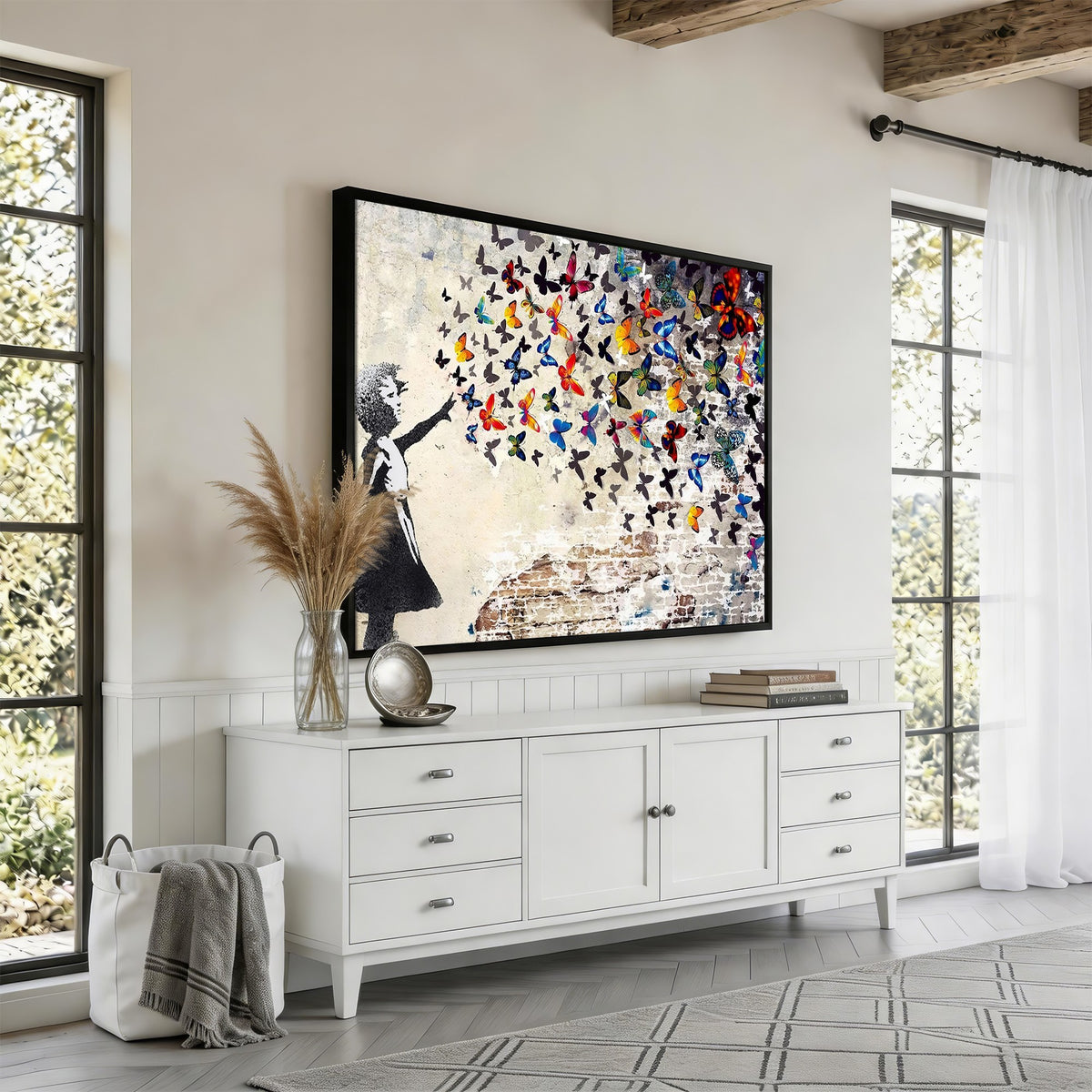 97895-MGV-CV-24X16 - Banksy Graffiti Wall Art Canvas Print, Girl Releasing Vibrant Butterflies