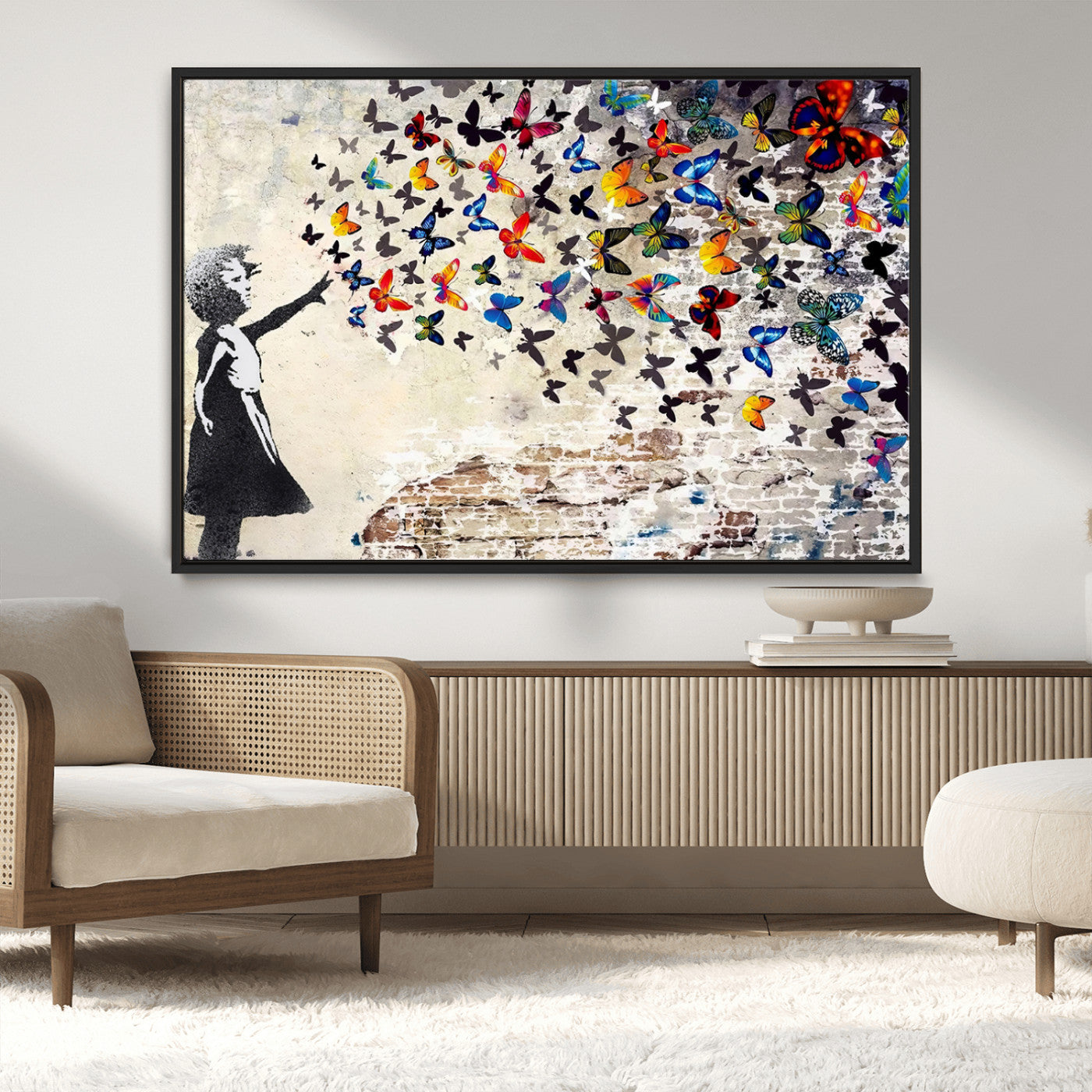 MGV-FC-36X24 - Banksy Graffiti Wall Art Canvas Print: Girl Releasing Vibrant Butterflies – Ready to Hang