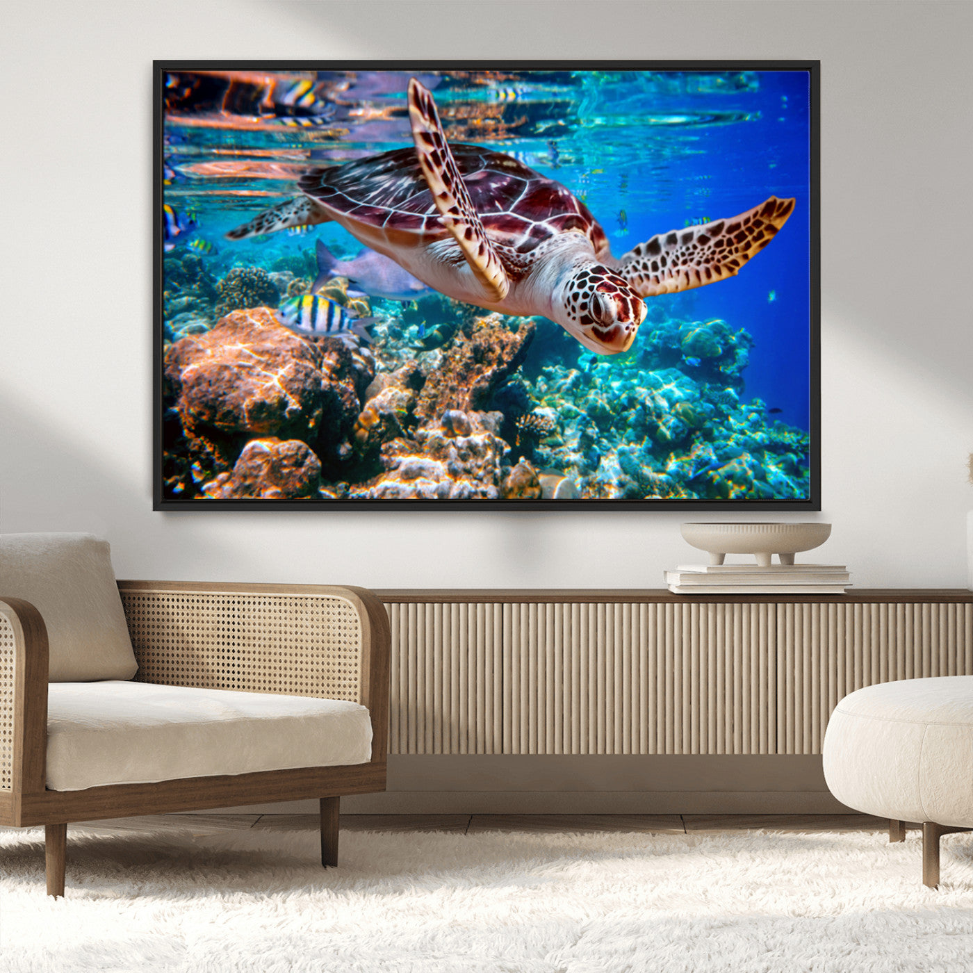 MGV-FC-36X24 - Underwater Coral Reef Sea Turtle Wall Art Canvas Print, Vibrant Marine Life | Colorful Ocean Scene