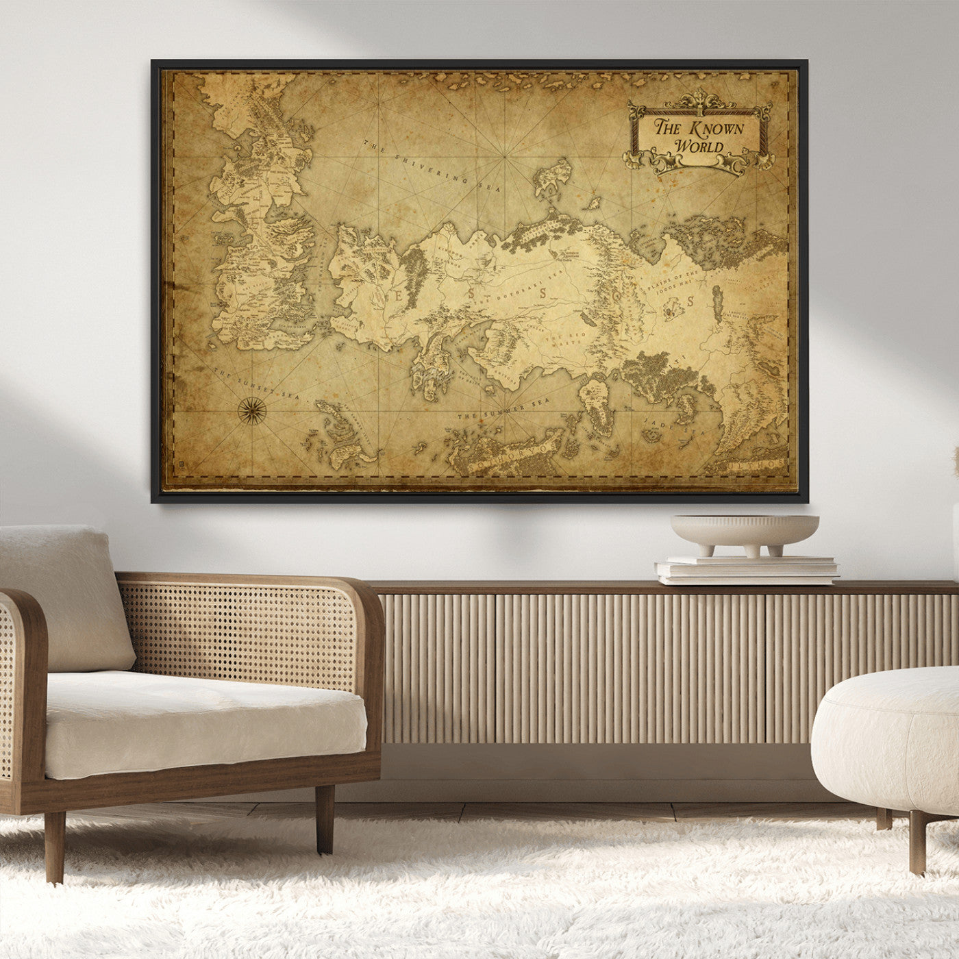 MGV-FC-36X24 - Vintage Game of Thrones Map Wall Art | Westeros and Essos Antique Style Print | The Known World in Triptych Canvas | Giclee Canvas for Fantasy Lovers