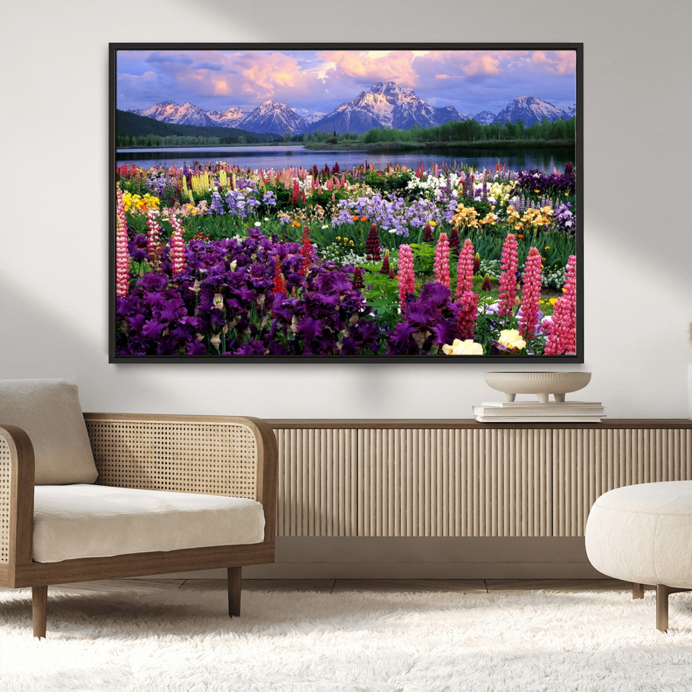 MGV-FC-36X24 - Vibrant Wildflower Garden and Mountain View Giclee Canvas Print | Floral Wall Art for Living Room