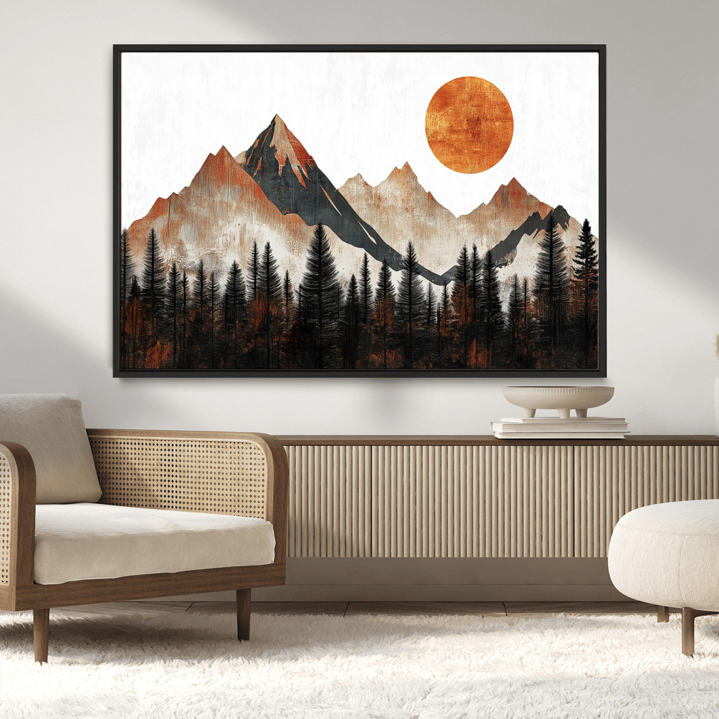 MGV-FC-36X24 - Modern Abstract Mountain Canvas Wall Art Print, Abstract Landscape Print, Rustic Sun and Mountains