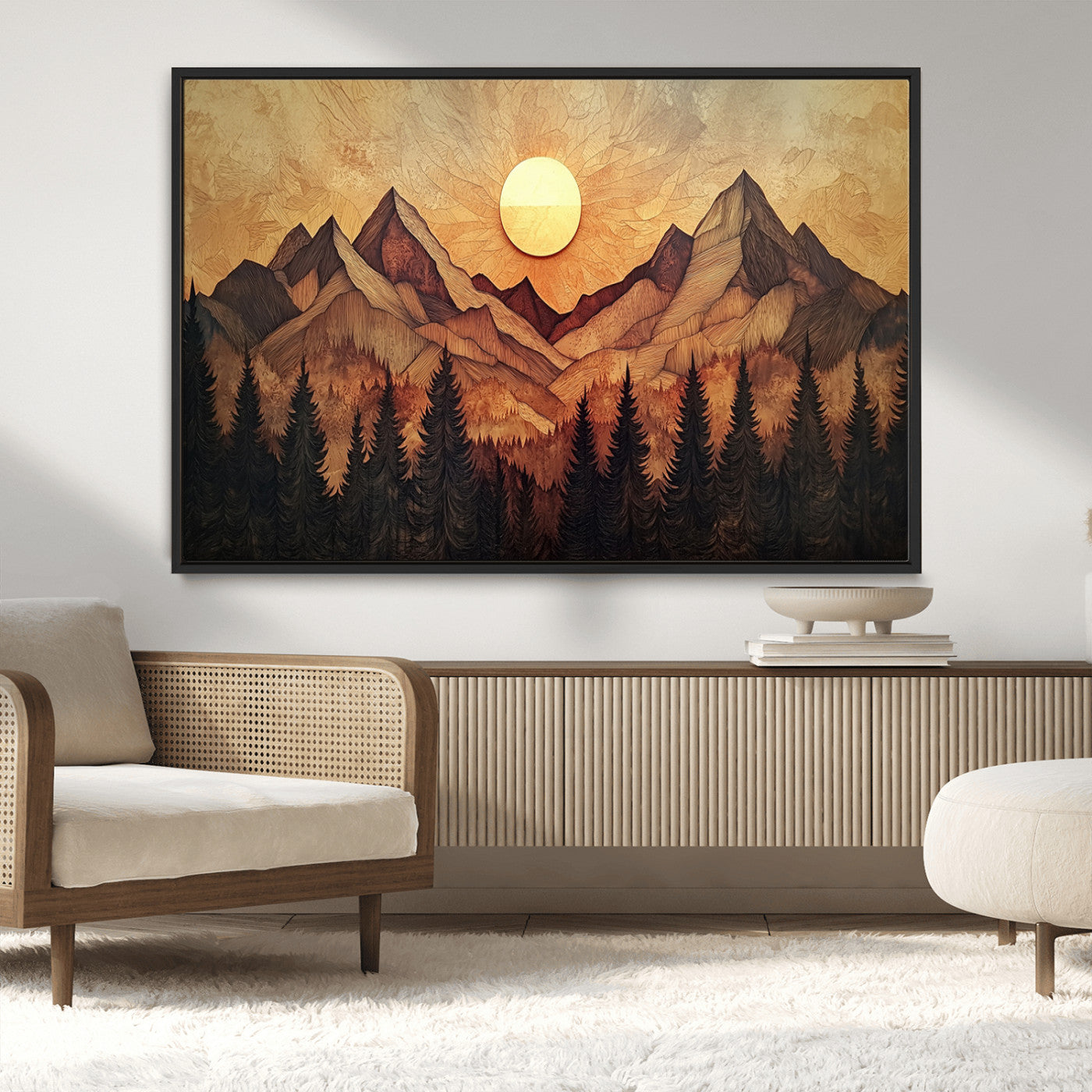 MGV-FC-36X24 - Wood Style Abstract Mountain Sunset Canvas Wall Art Print - Warm Earth Nature-Inspired Decor for
