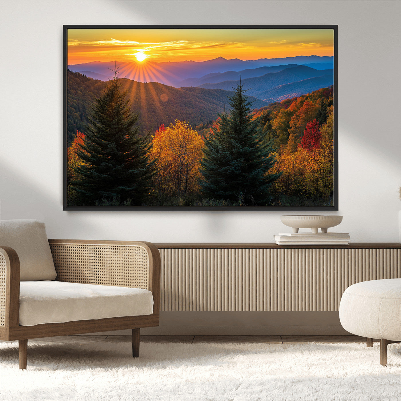 MGV-FC-36X24 - Golden Sunset Over Mountain Forest Canvas Wall Art Print - Warm Nature-Inspired Landscape for Living