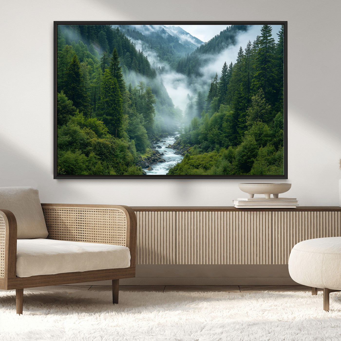 MGV-FC-36X24 - Mountain Forest River Canvas Wall Art Print - Serene Nature Landscape for Living Room, Office, or