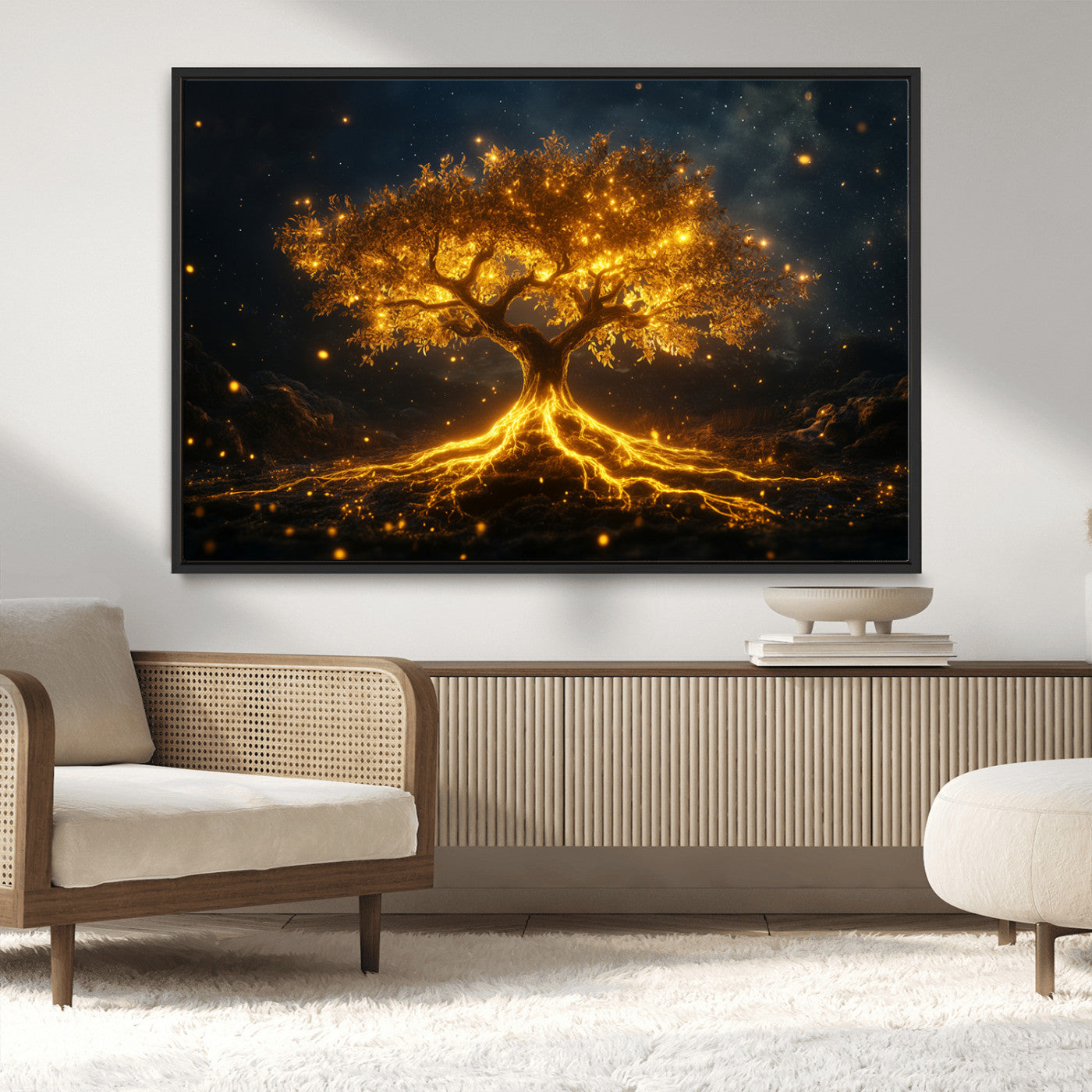 MGV-FC-36X24 - Golden Tree of Life Canvas Wall Art Print - Majestic Glowing Tree Design for Living Room, Office, or