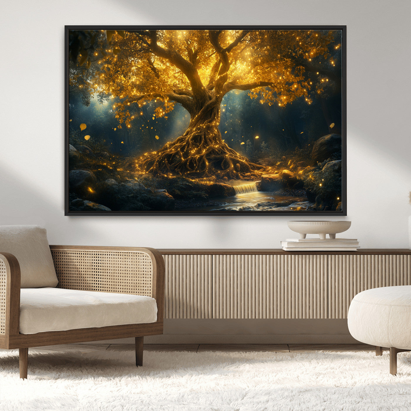 MGV-FC-36X24 - Golden Tree of Life Canvas Wall Art Print - Majestic Glowing Tree Wall Art Print