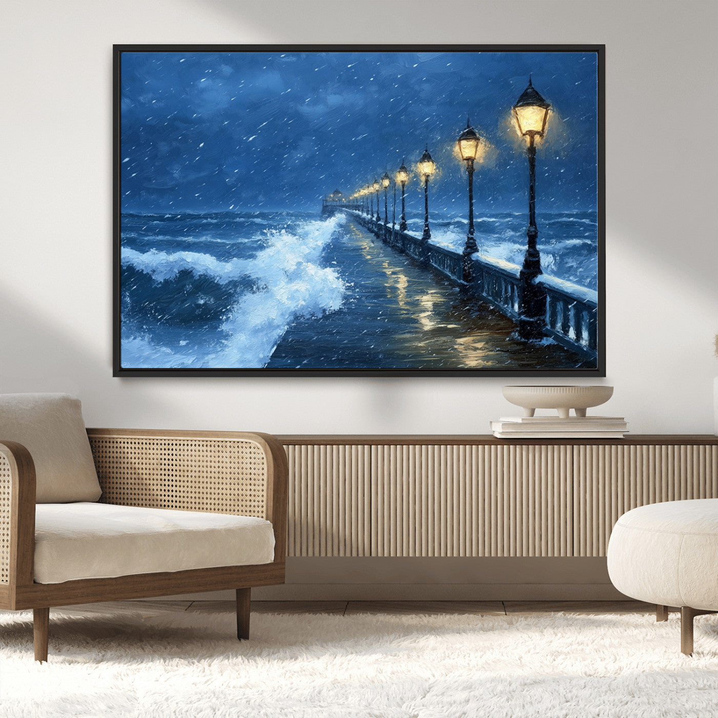 MGV-FC-36X24 - Stormy Ocean Pier Lights Canvas Wall Art Print - Large Moody Night Scene for Living Room, or Office,