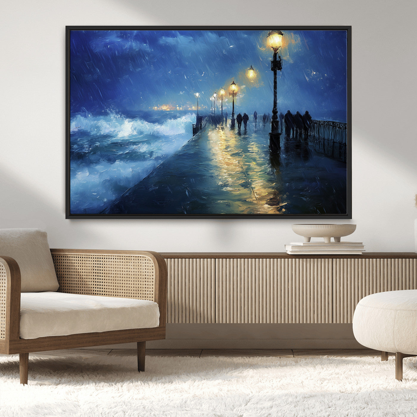 MGV-FC-36X24 - Abstract Stormy Ocean Pier Canvas Wall Art Print | Stormy Ocean Art | Large Moody Night Scene Print,