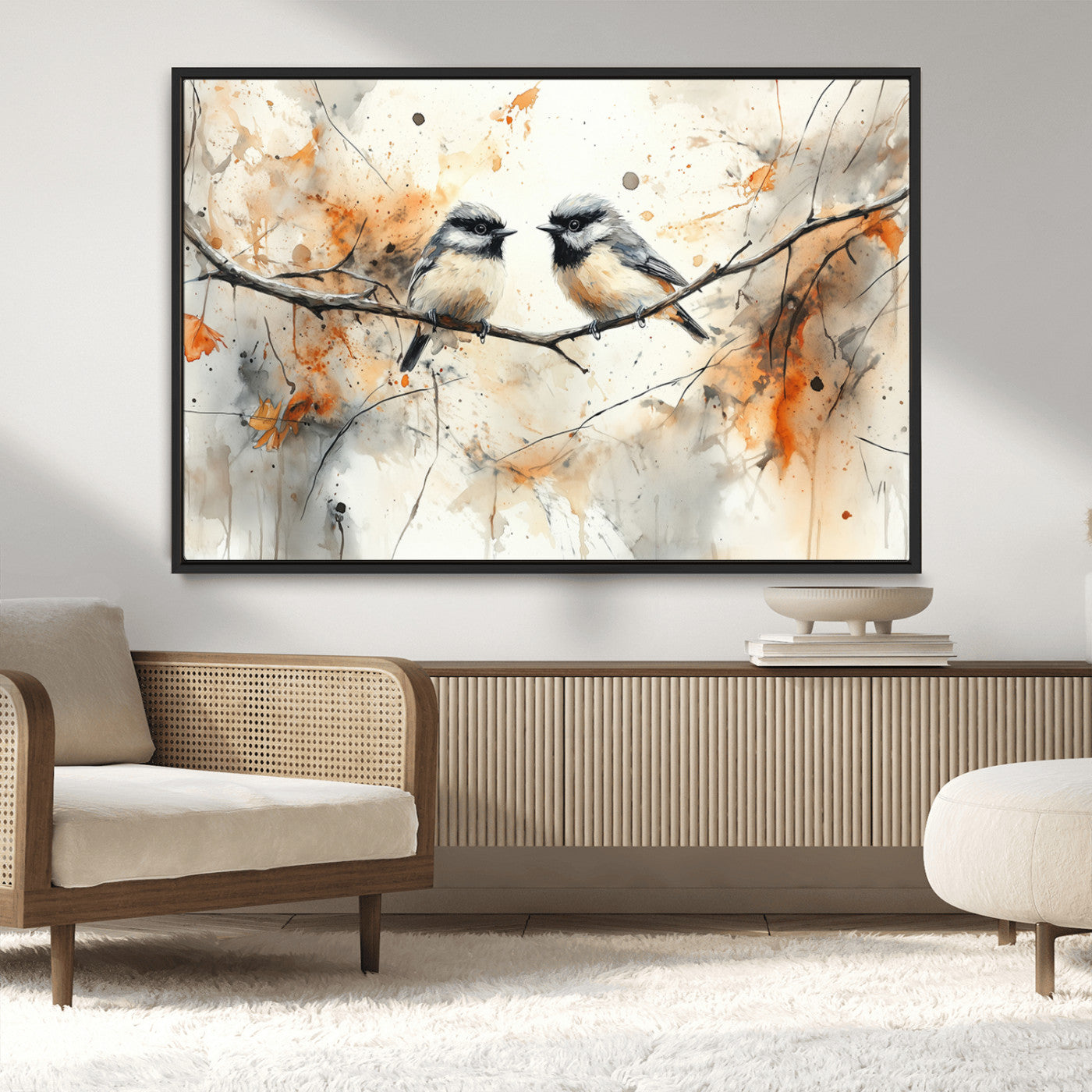 MGV-FC-36X24 - Abstract Watercolor Chickadee Bird Canvas Wall Art Print - Large Bird and Branch Wall Art, Modern