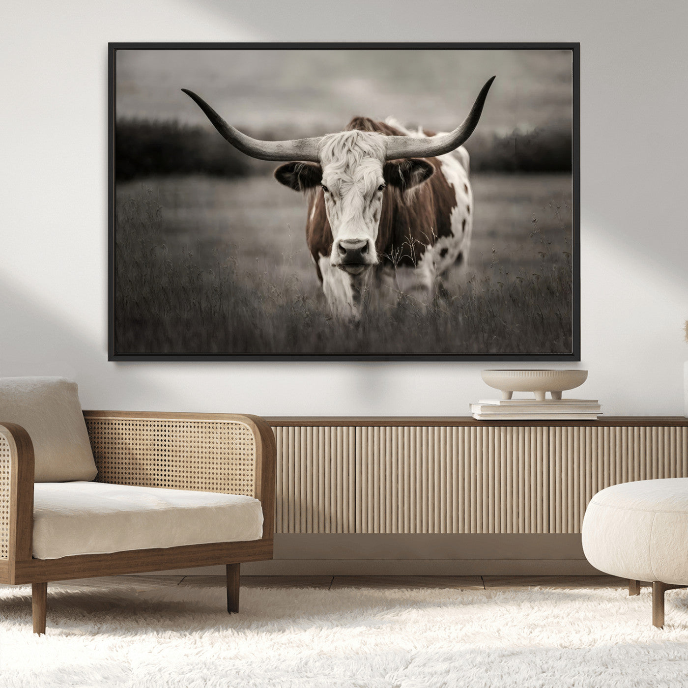 MGV-FC-36X24 - Texas Longhorn Cow Canvas Wall Art Print - Large Rustic Longhorn Art for Living Room, Western Wall