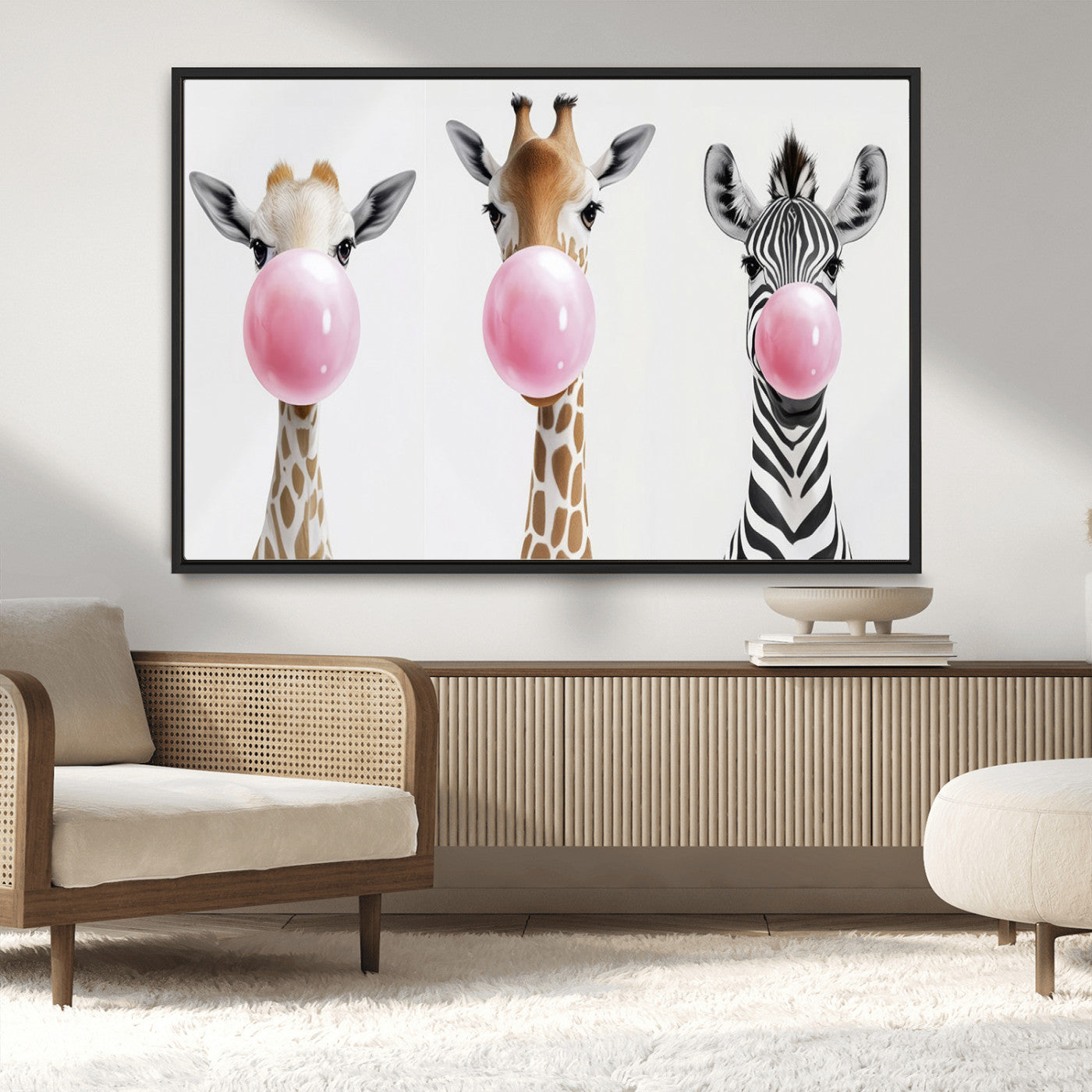 MGV-FC-36X24 - Bubblegum Animals Canvas Wall Art - Playful Giraffe and Zebra Trio, Fun Nursery Decor for Kids'