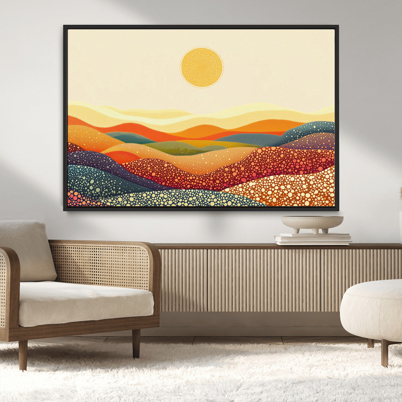 MGV-FC-36X24 - YAYOI KUSAMA Colorful Dot Art Landscape Canvas - Framed Abstract Pointillism Inspired by Nature with