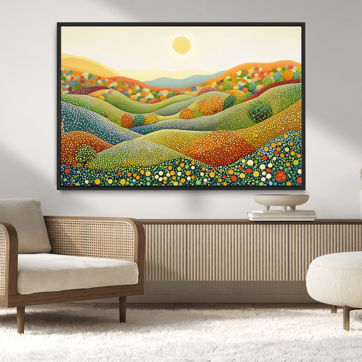 MGV-FC-36X24 - YAYOI KUSAMA Wall Art - Colorful Dot Art Landscape Canvas, Framed Japanese Dot Art