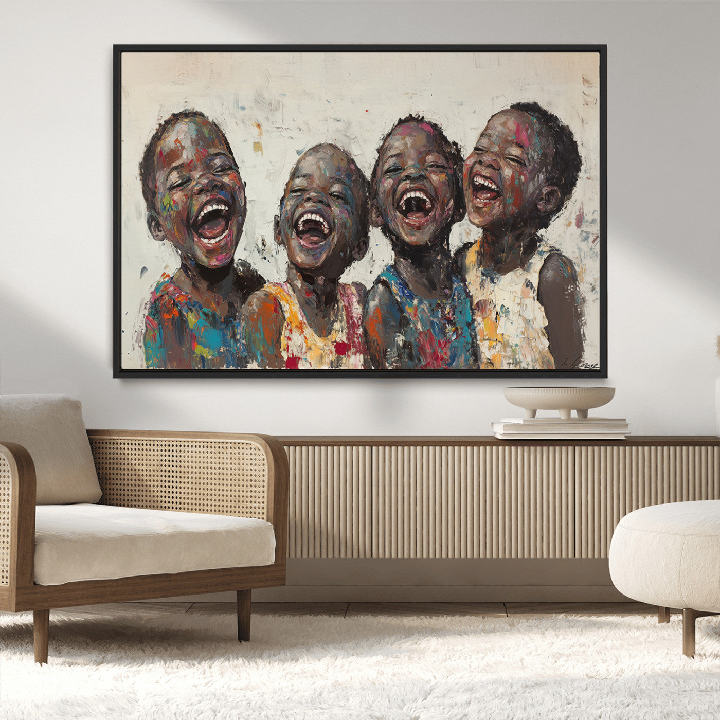 85256-MGV-CV-36X24-Shai Yossef Print - Joyful Childhood Canvas Wall Art - Expressive Impasto Painting of Laughing