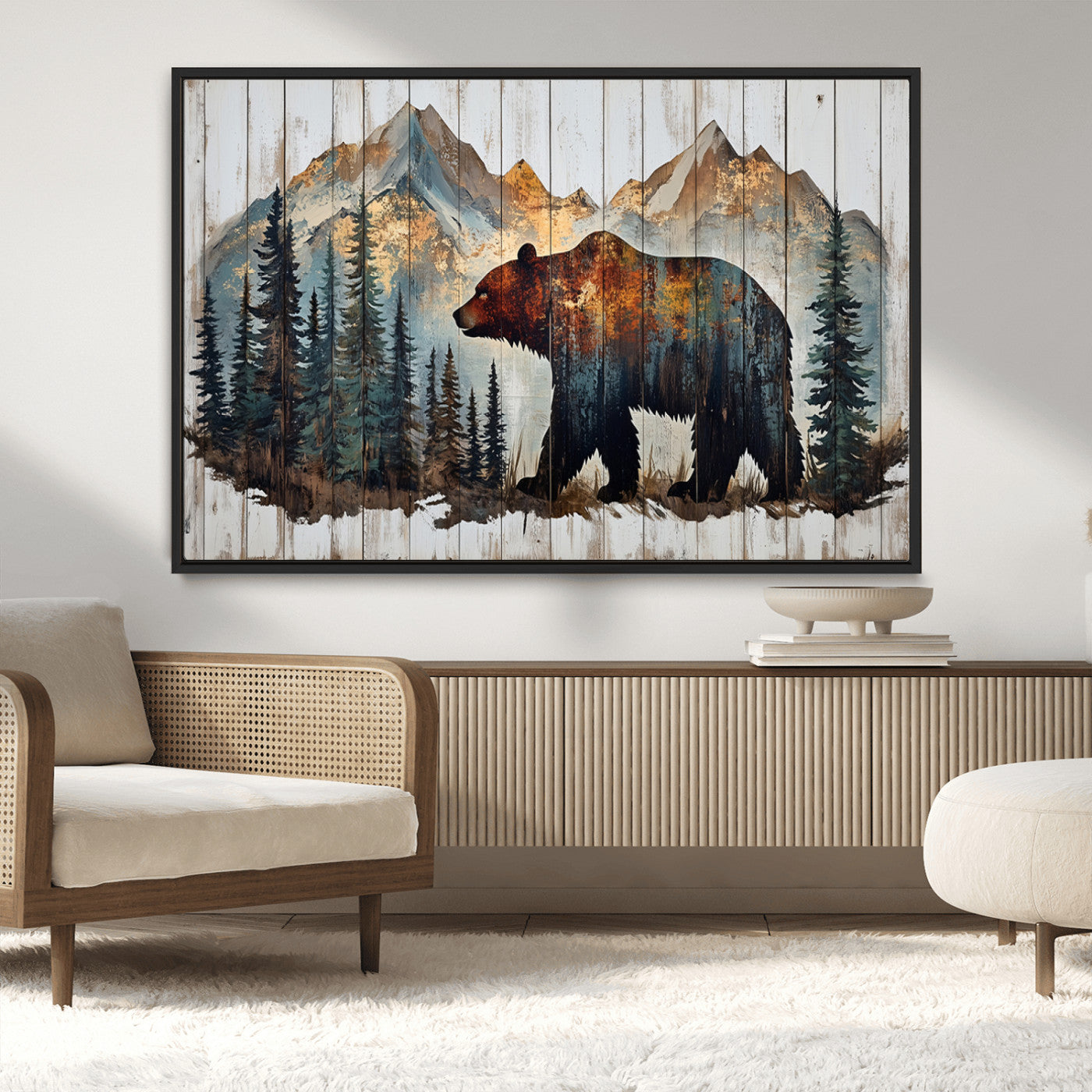 55777-MGV-CV-36X24-Rustic Grizzly 399 Bear and Mountain Wood Canvas Wall Art - Framed Nature Artwork with Forest