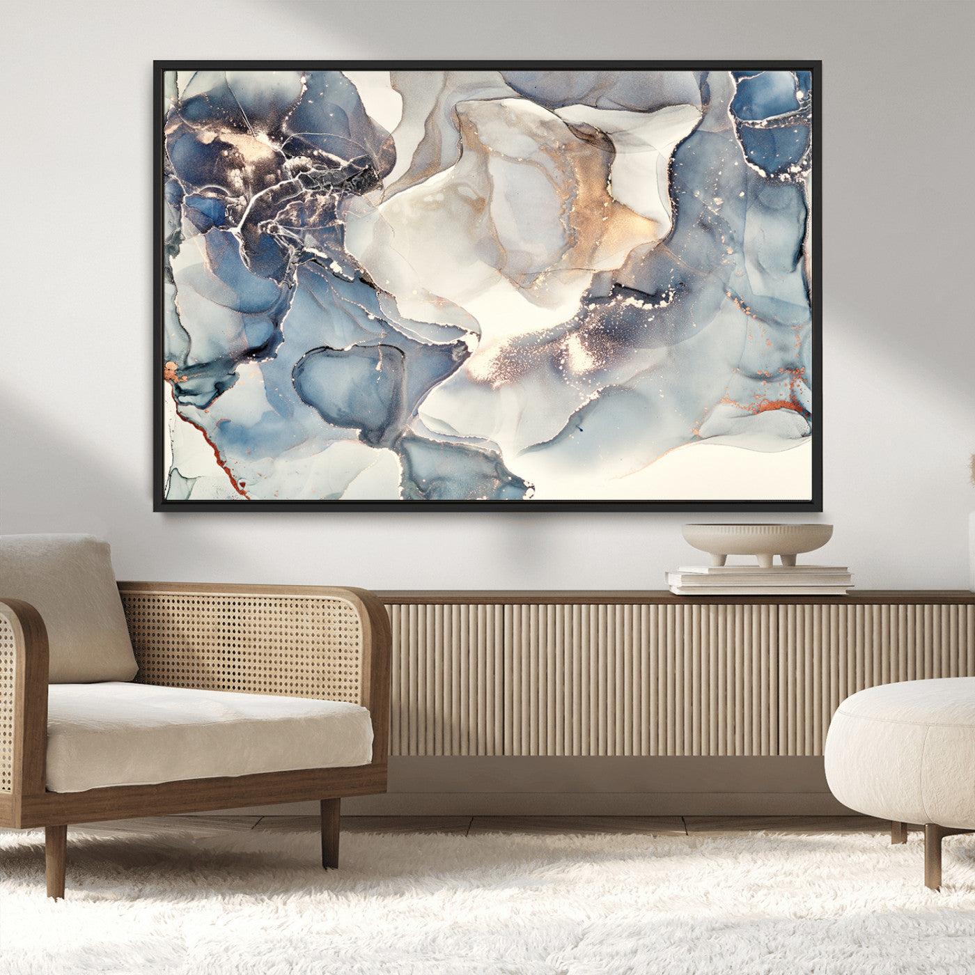MGV-FC-36X24 - Abstract Blue and Gold Canvas Wall Art - Fluid Modern Ink Artwork - Modern Luxury Wall Decor for