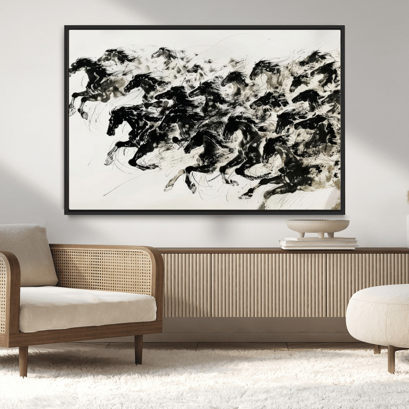 MGV-FC-36X24 - Abstract Horse Wall Art Canvas Print - Dynamic Black Ink Horse Print - Modern Equine Wall Decor for