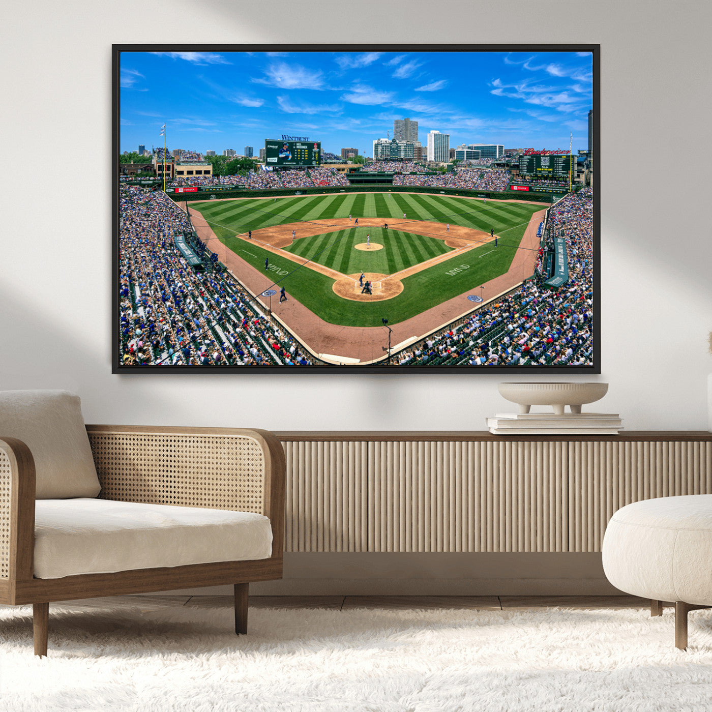 MGV-FC-36X24 - Framed Wrigley Field Chicago Cubs Print, Panoramic Multi Piece Canvas Wall Art - Iconic Baseball