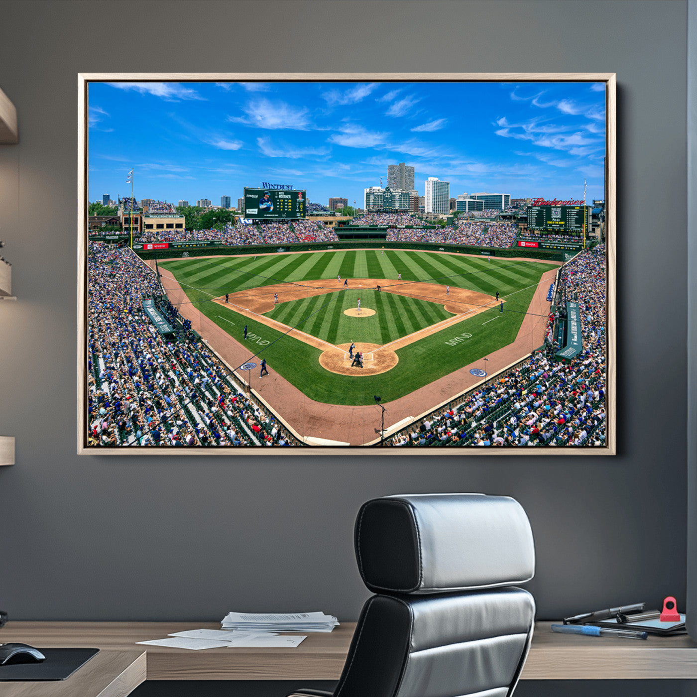 26064-MGV-CV-30X20-Framed Wrigley Field Chicago Cubs Print, Panoramic Multi Piece Canvas Wall Art - Iconic Baseball Stadium Print for Sports Lovers - Ready to