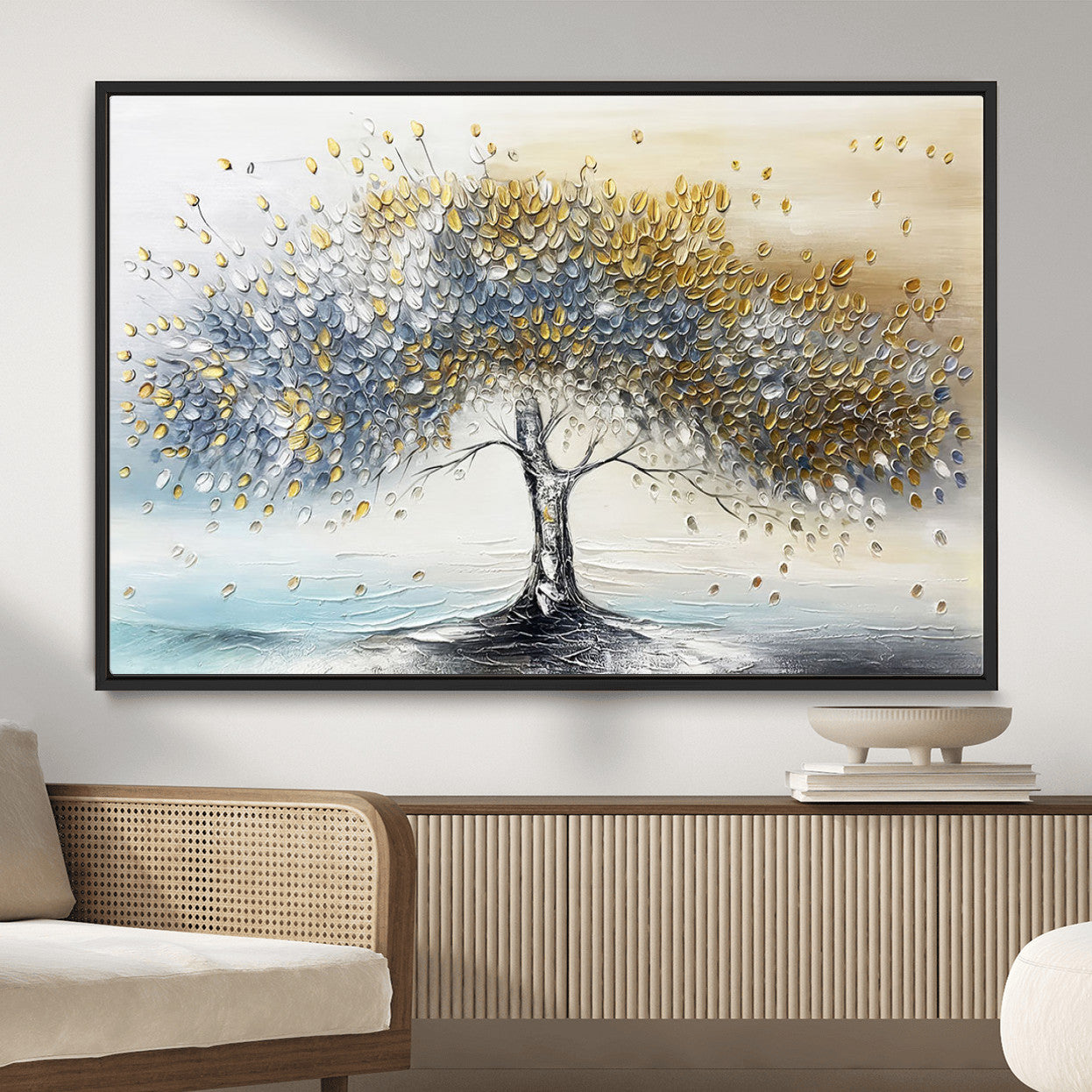 MGV-FC-36X24 - Golden & Silver Tree of Life Wall Art – Canvas Print with Whimsical Leaves Elegant Nature Design, Decorative Home, Office or Guest Room Decor
