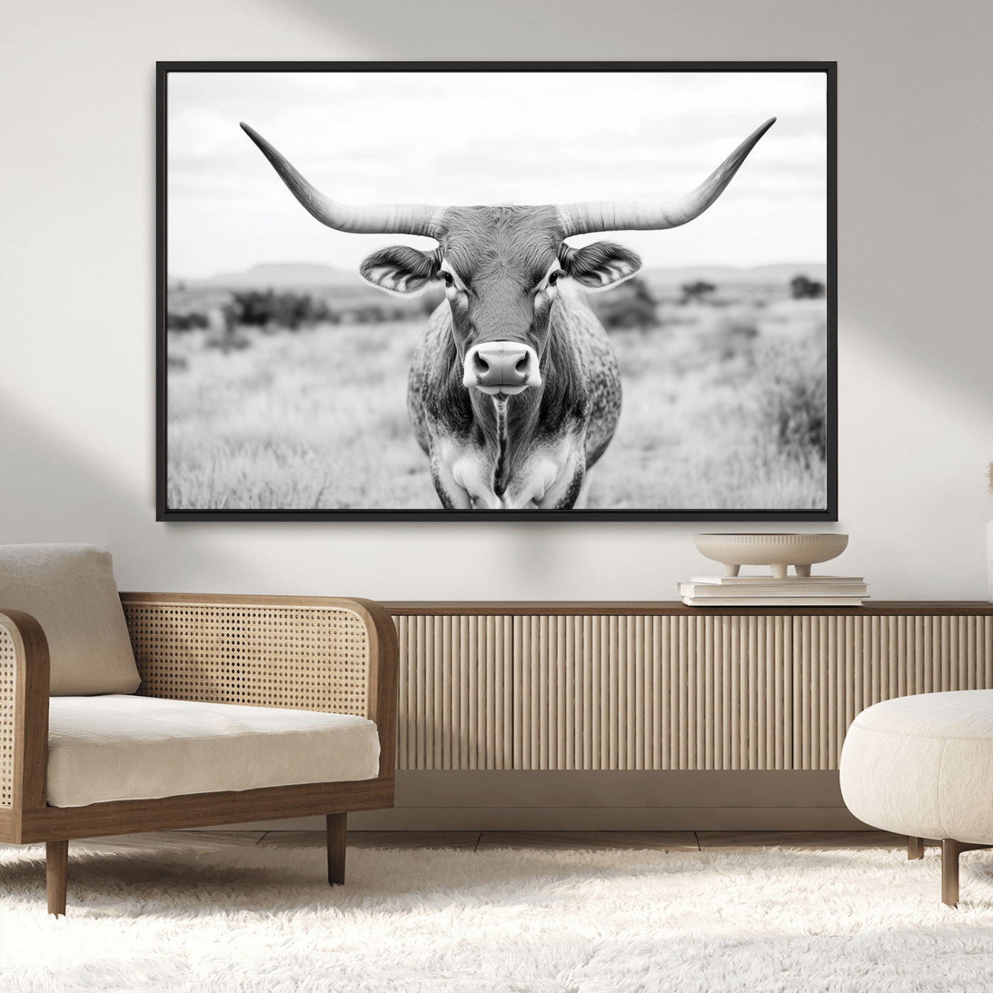 MGV-FC-36X24 - Highland Cow Wall Art Print - Black and White Texas Western Longhorn Canvas - Farmhouse Decor Print
