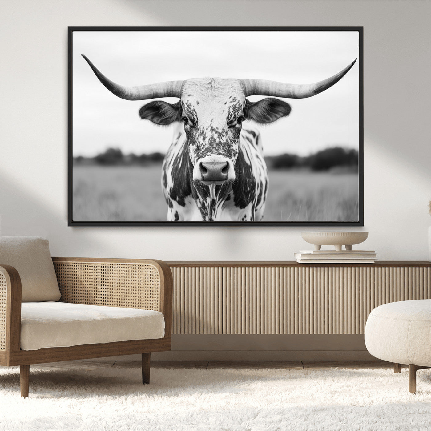 MGV-FC-36X24 - Highland Cow Wall Art - Black and White Western Longhorn Canvas Print - Farmhouse Living Room Decor