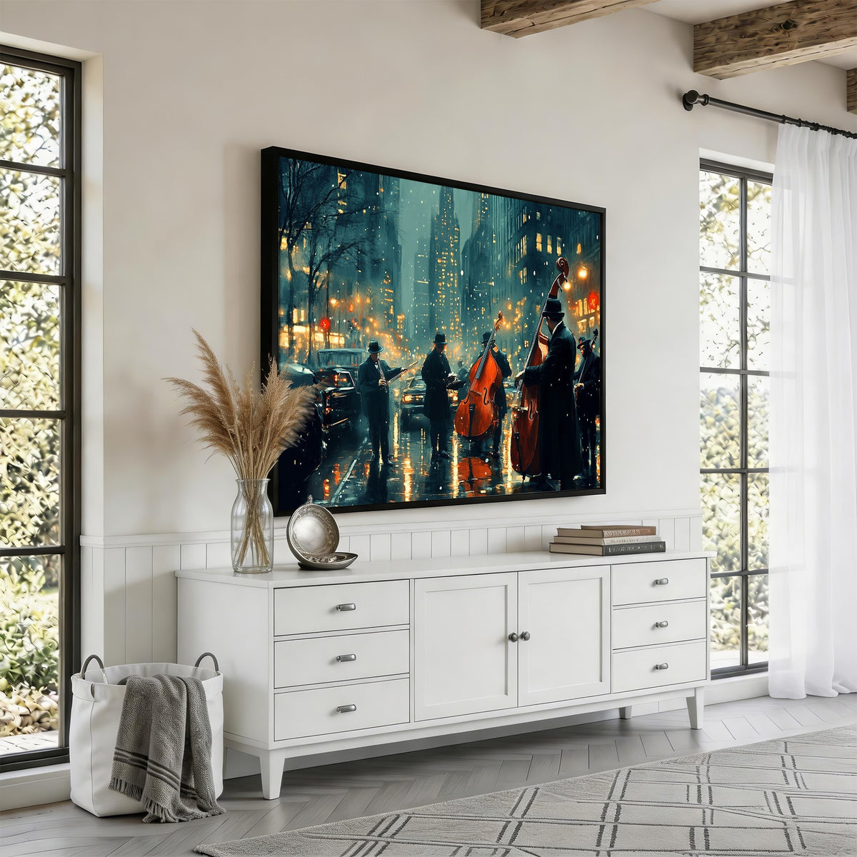 53391-MGV-CV-24X16 - Urban Night Jazz Wall Art Canvas Print | Moody Rain Soaked City Street Band Scene