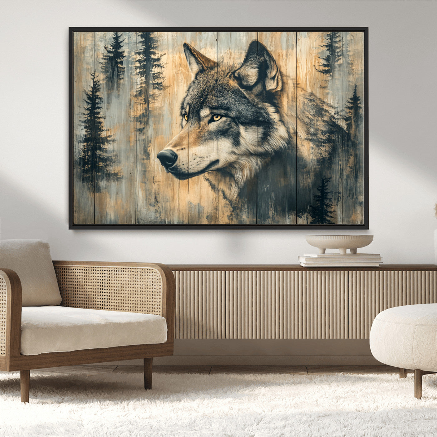 MGV-FC-36X24 - Wood Style Rustic Wolf Wall Art Canvas Print, Vintage Woodland Wolf Wall Art, Framed Wood Style Wolf
