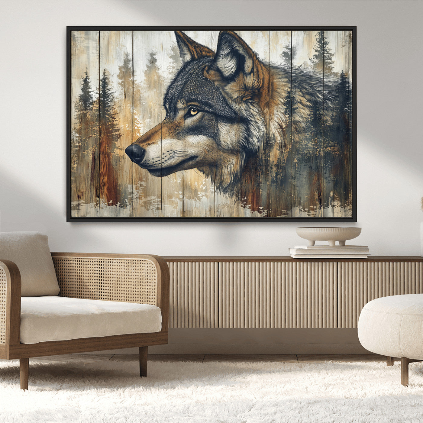 MGV-FC-36X24 - Rustic Wolf Wall Art Canvas Print, Vintage Woodland Wolf Wall Art