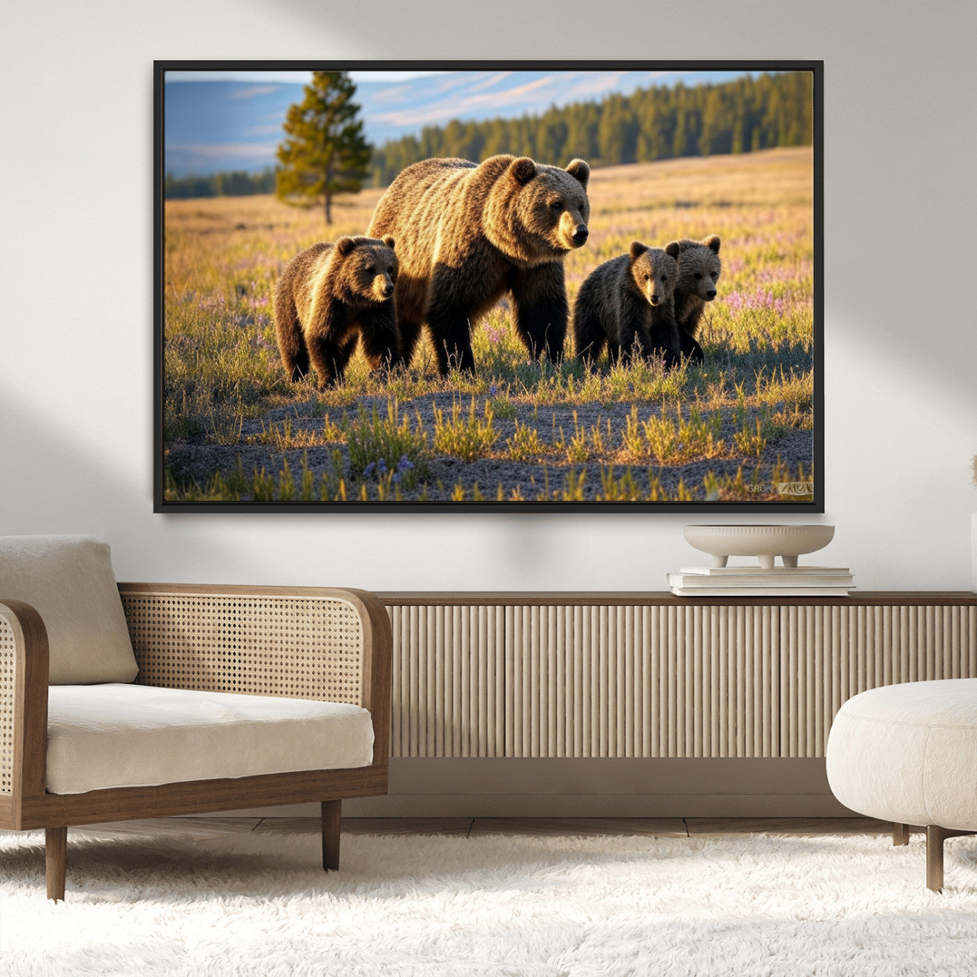 MGV-FC-36X24 - Grizzly 399 in Wild Flowers Wall Art Canvas Print, Grizzly Bears Wall Art, Queen of Grand Teton